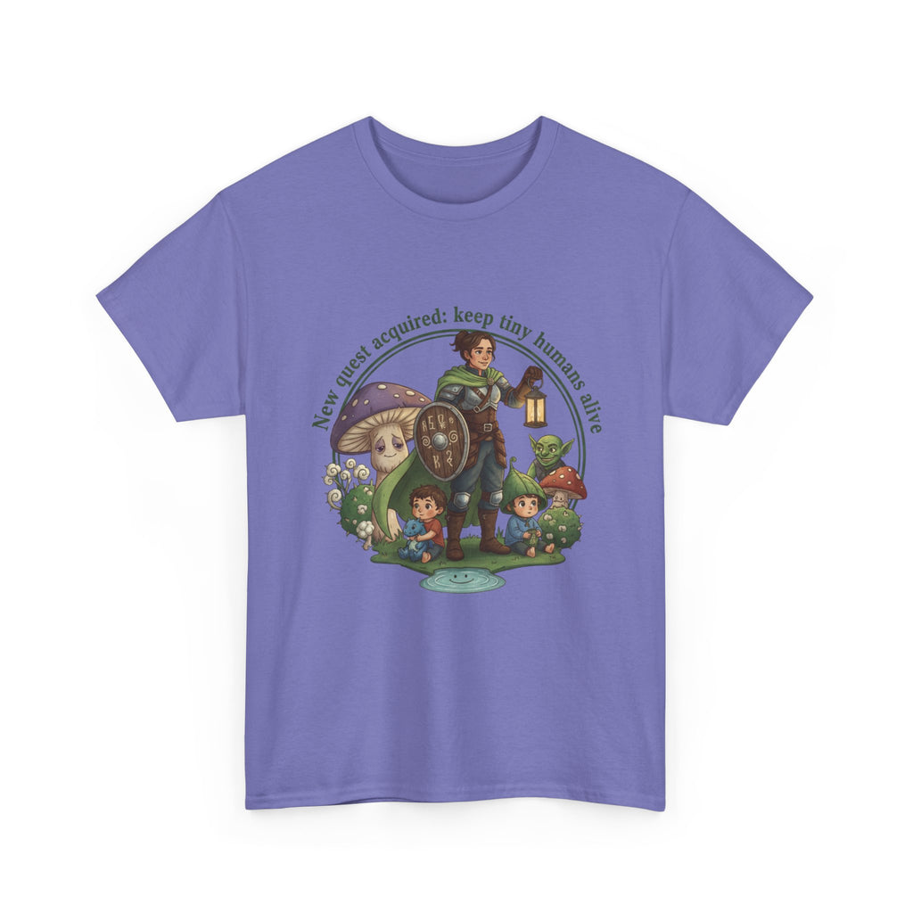 Mom T‑Shirt — "New Quest Acquired: Keep Tiny Humans Safe" (Mom with 2 Kids Fantasy Design)