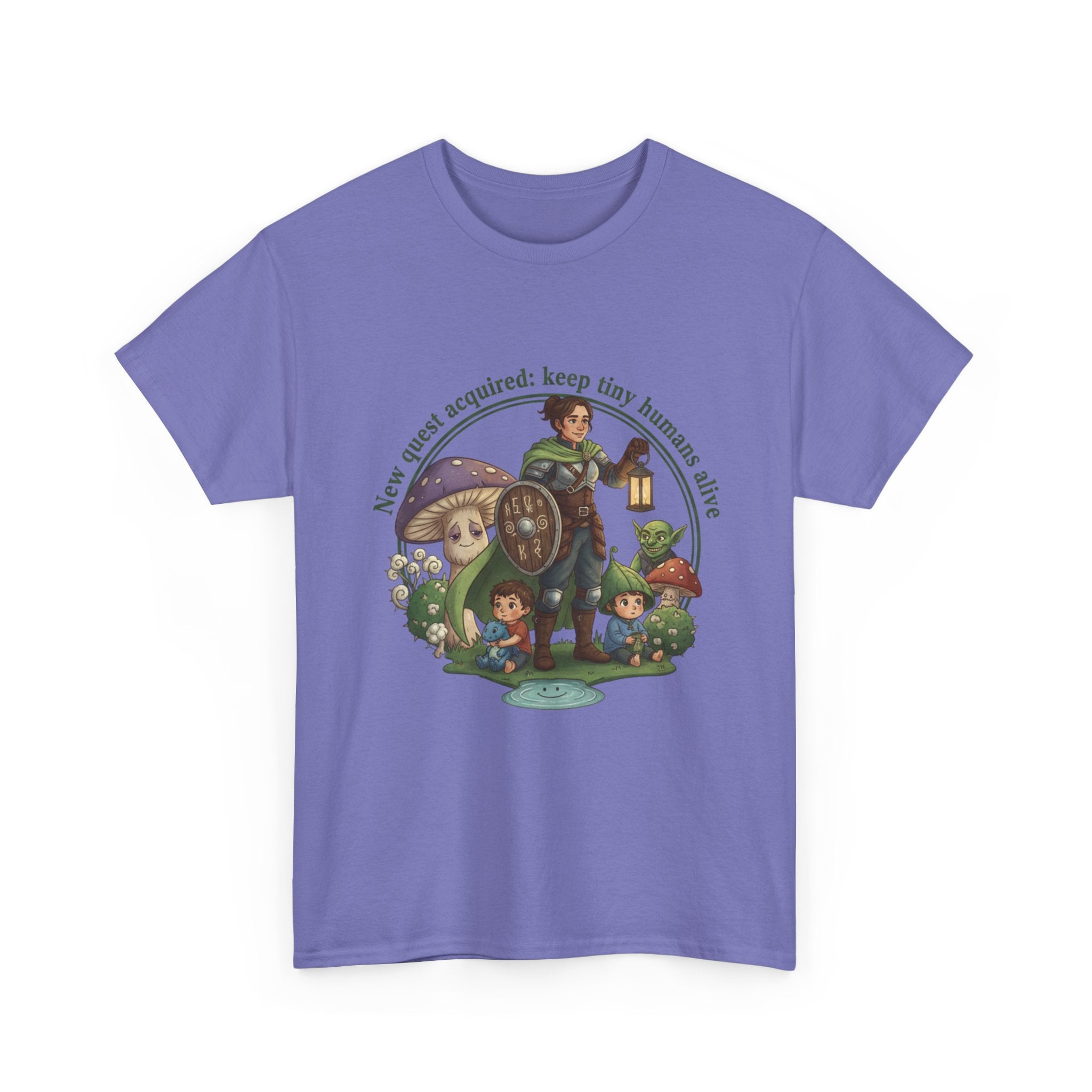Mom T‑Shirt — "New Quest Acquired: Keep Tiny Humans Safe" (Mom with 2 Kids Fantasy Design)