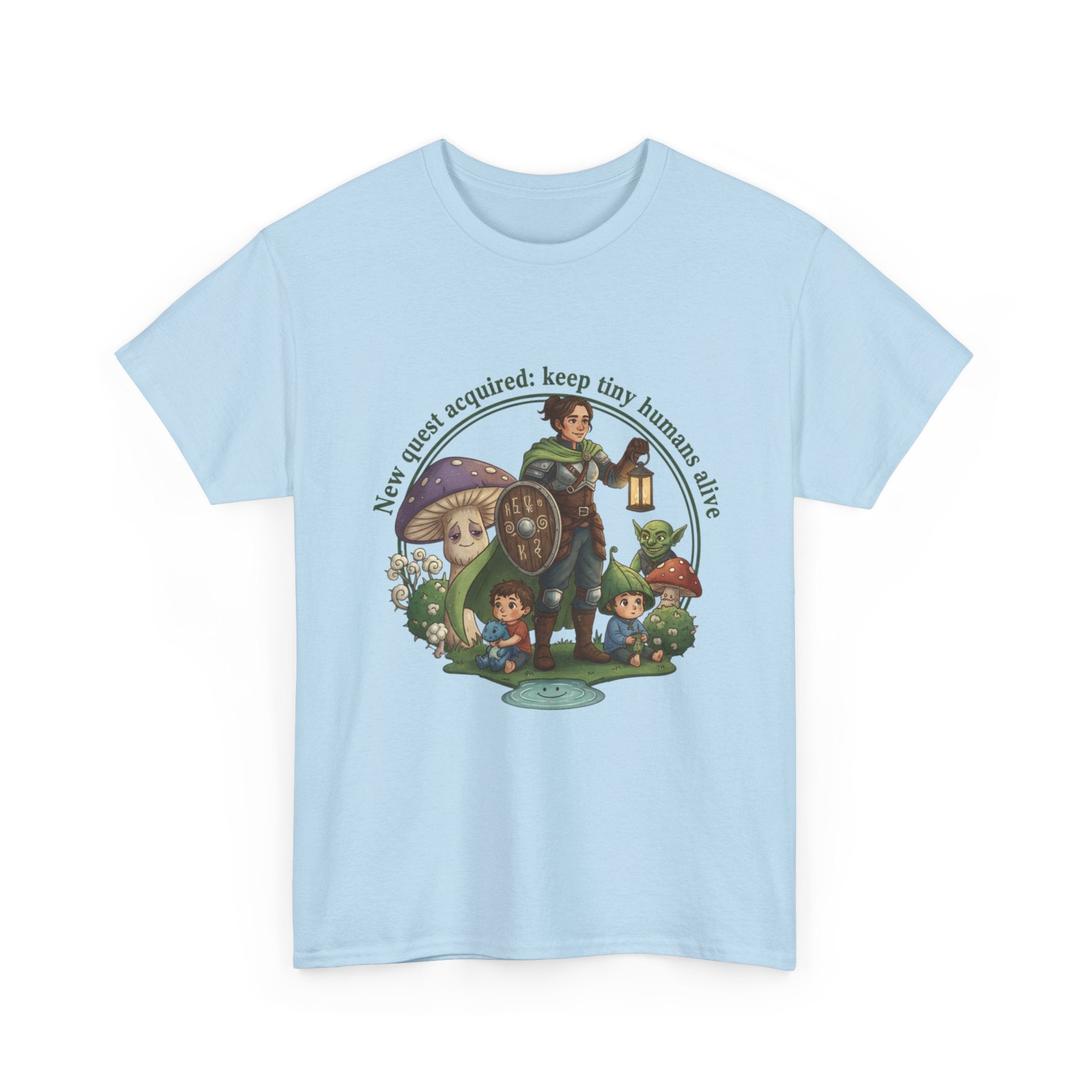 Mom T‑Shirt — "New Quest Acquired: Keep Tiny Humans Safe" (Mom with 2 Kids Fantasy Design)