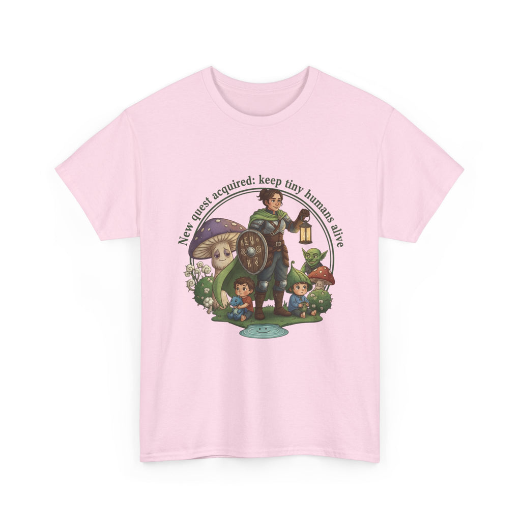 Mom T‑Shirt — "New Quest Acquired: Keep Tiny Humans Safe" (Mom with 2 Kids Fantasy Design)