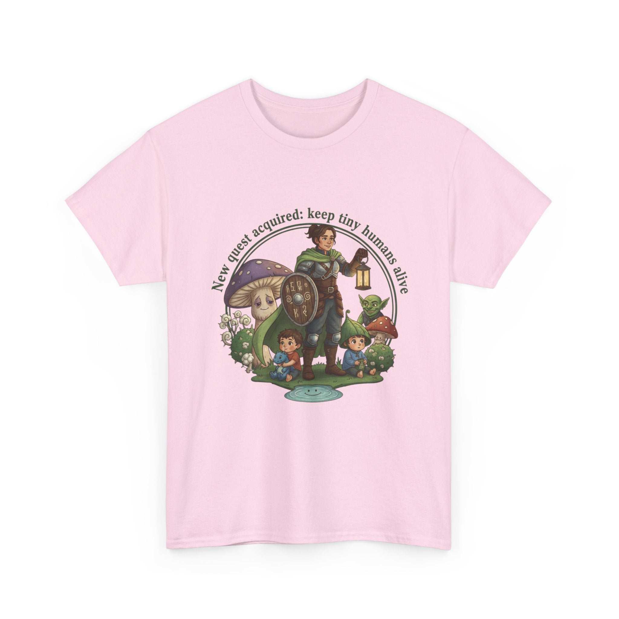 Mom T‑Shirt — "New Quest Acquired: Keep Tiny Humans Safe" (Mom with 2 Kids Fantasy Design)