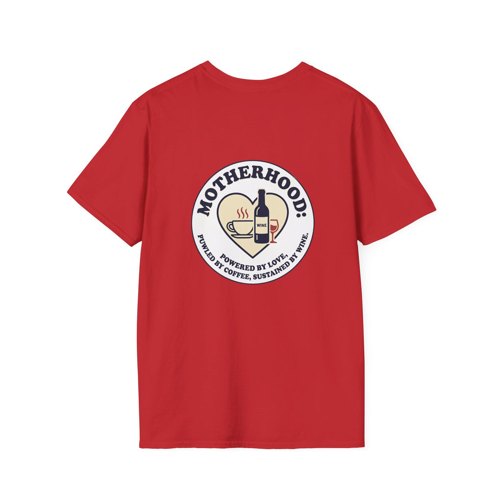 Motherhood Badge T-Shirt — "Motherhood: Fueled by Love, Coffee & Wine" Graphic Tee