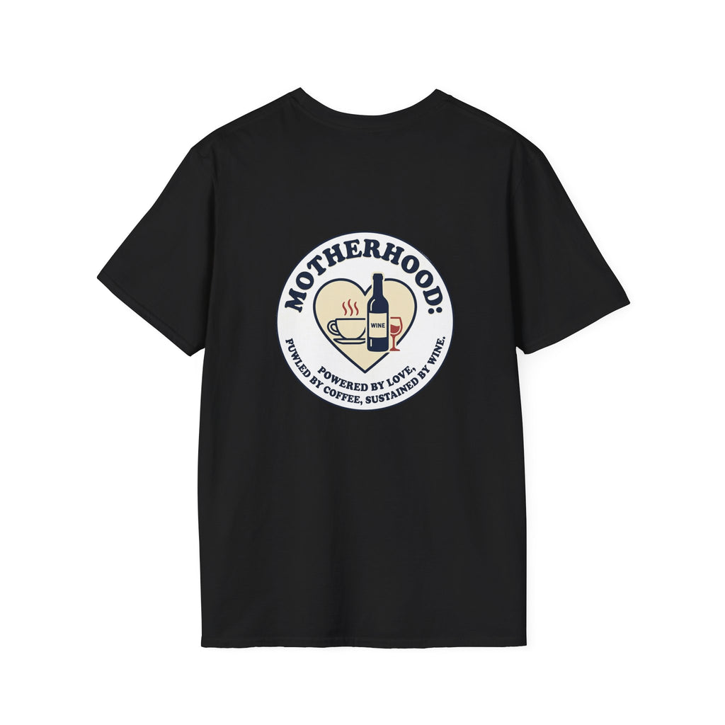 Motherhood Badge T-Shirt — "Motherhood: Fueled by Love, Coffee & Wine" Graphic Tee