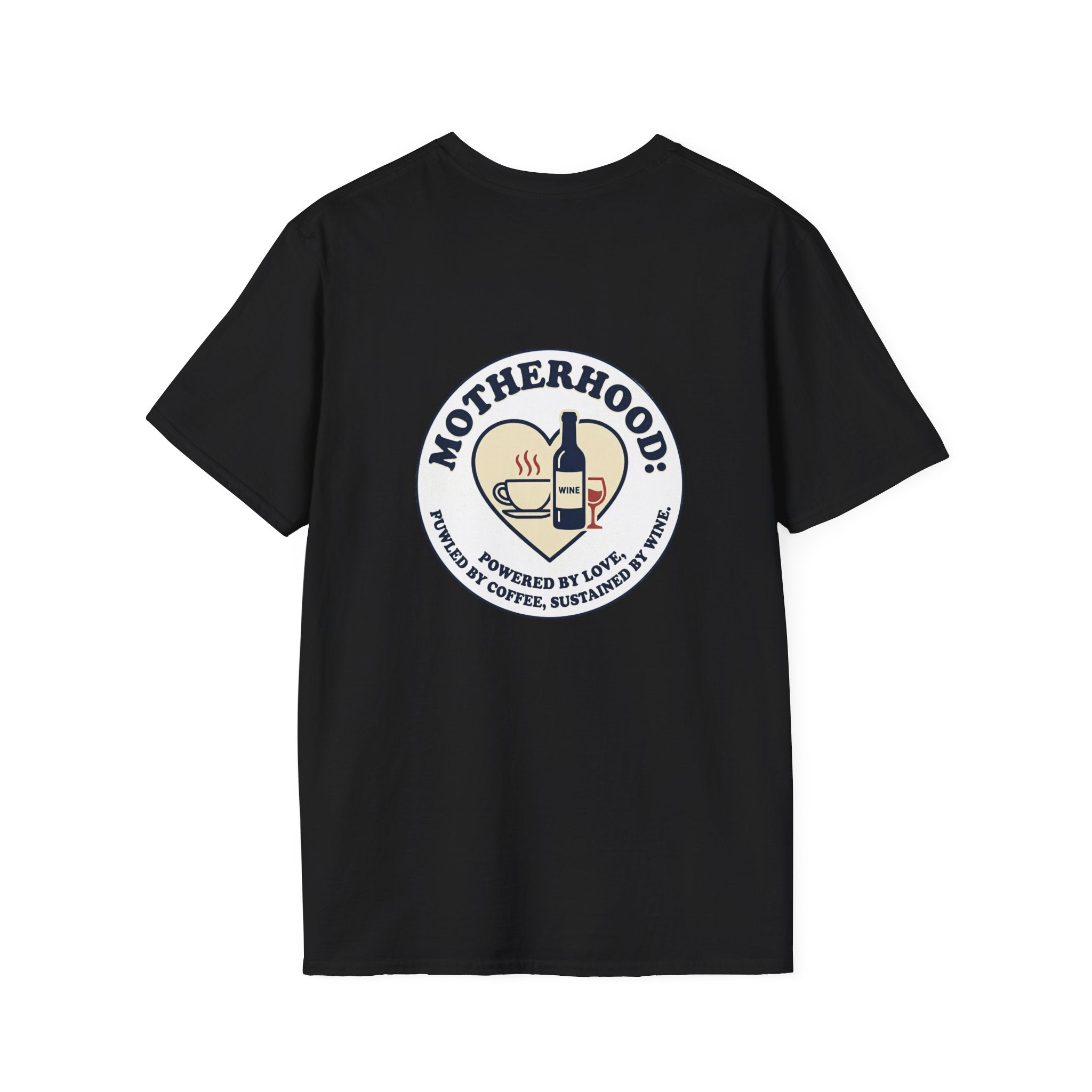 Motherhood Badge T-Shirt — "Motherhood: Fueled by Love, Coffee & Wine" Graphic Tee