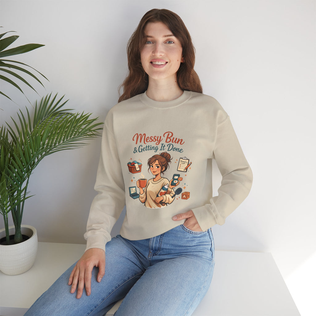 Mom Life Crewneck Sweatshirt — Messy Bun, Getting Stuff Done Pullover