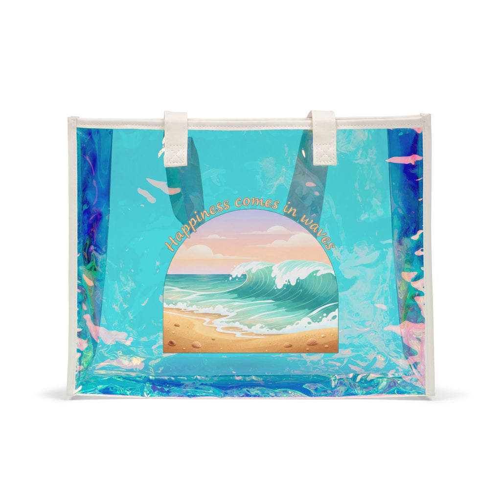 Holographic Beach Tote Bag — “Happiness Rises in Waves” Clear Beach Bag