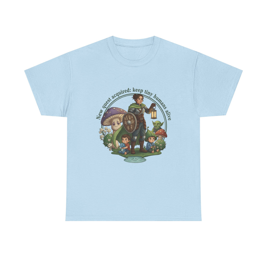 Mom T‑Shirt — "New Quest Acquired: Keep Tiny Humans Safe" (Mom with 2 Kids Fantasy Design)
