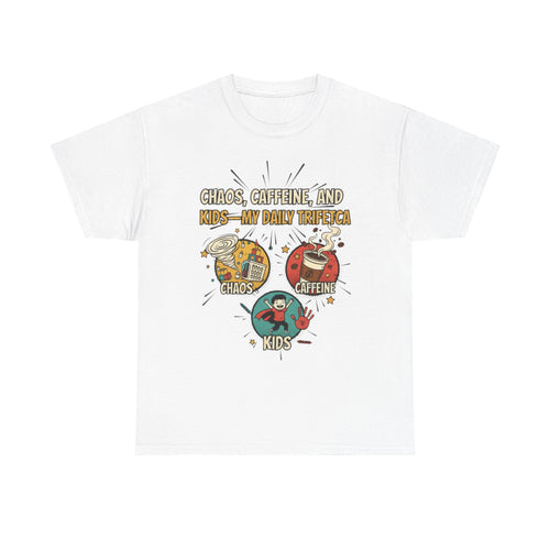 Chaos, Caffeine & Kids Tee — Funny Mom Dad Parenting T‑Shirt