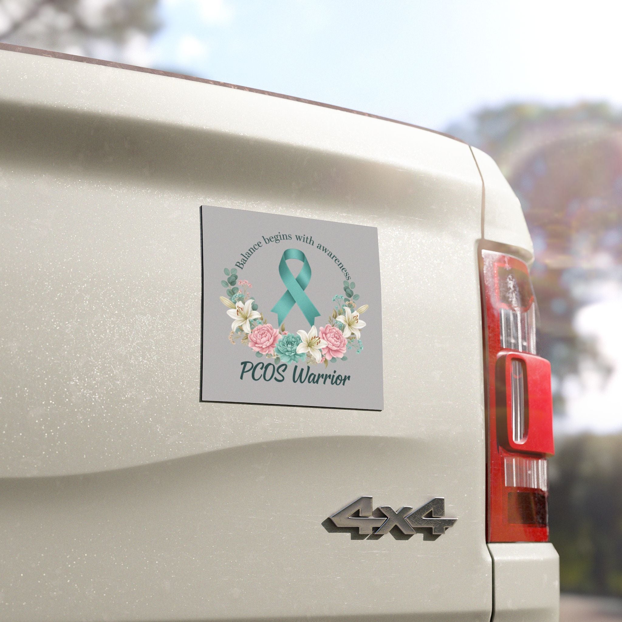 PCOS Warrior Teal Ribbon Car Magnet — "Balance Begins With Awareness" Floral Awareness Magnet