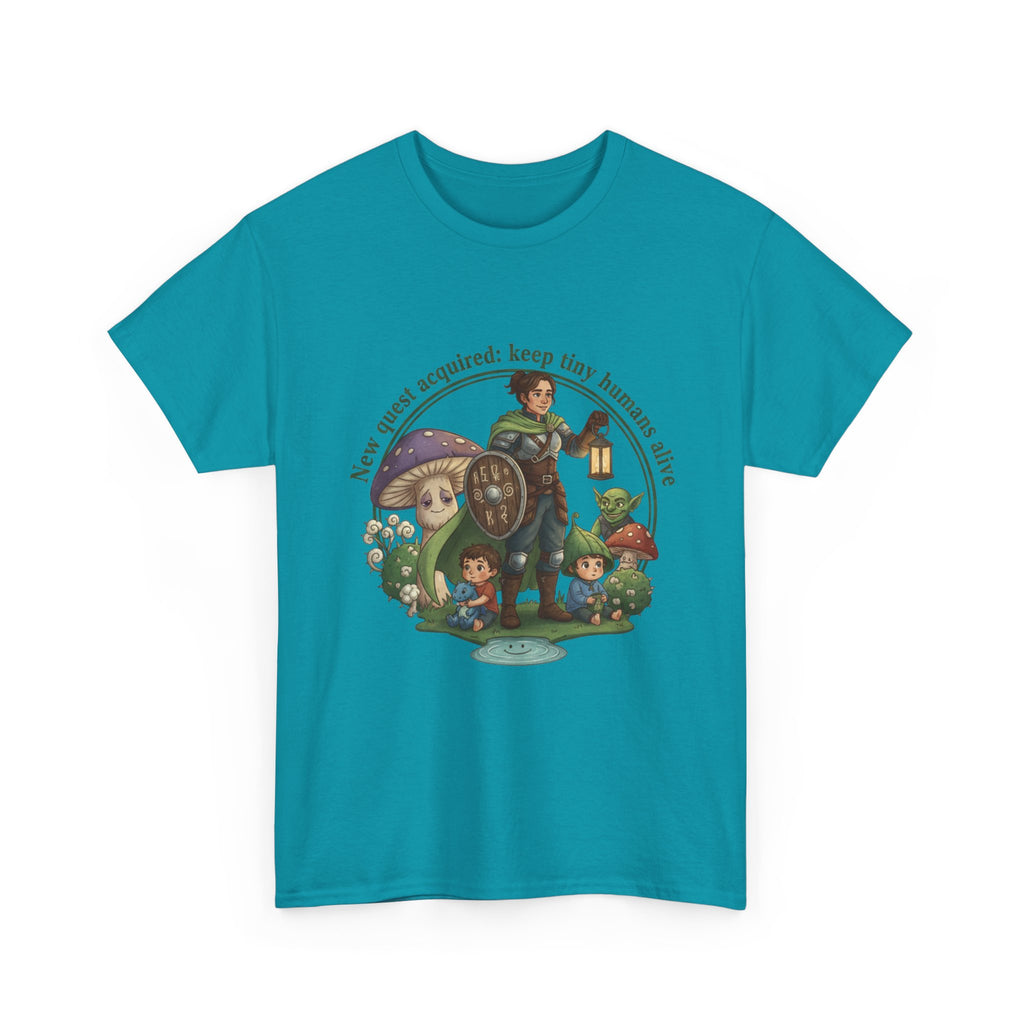 Mom T‑Shirt — "New Quest Acquired: Keep Tiny Humans Safe" (Mom with 2 Kids Fantasy Design)