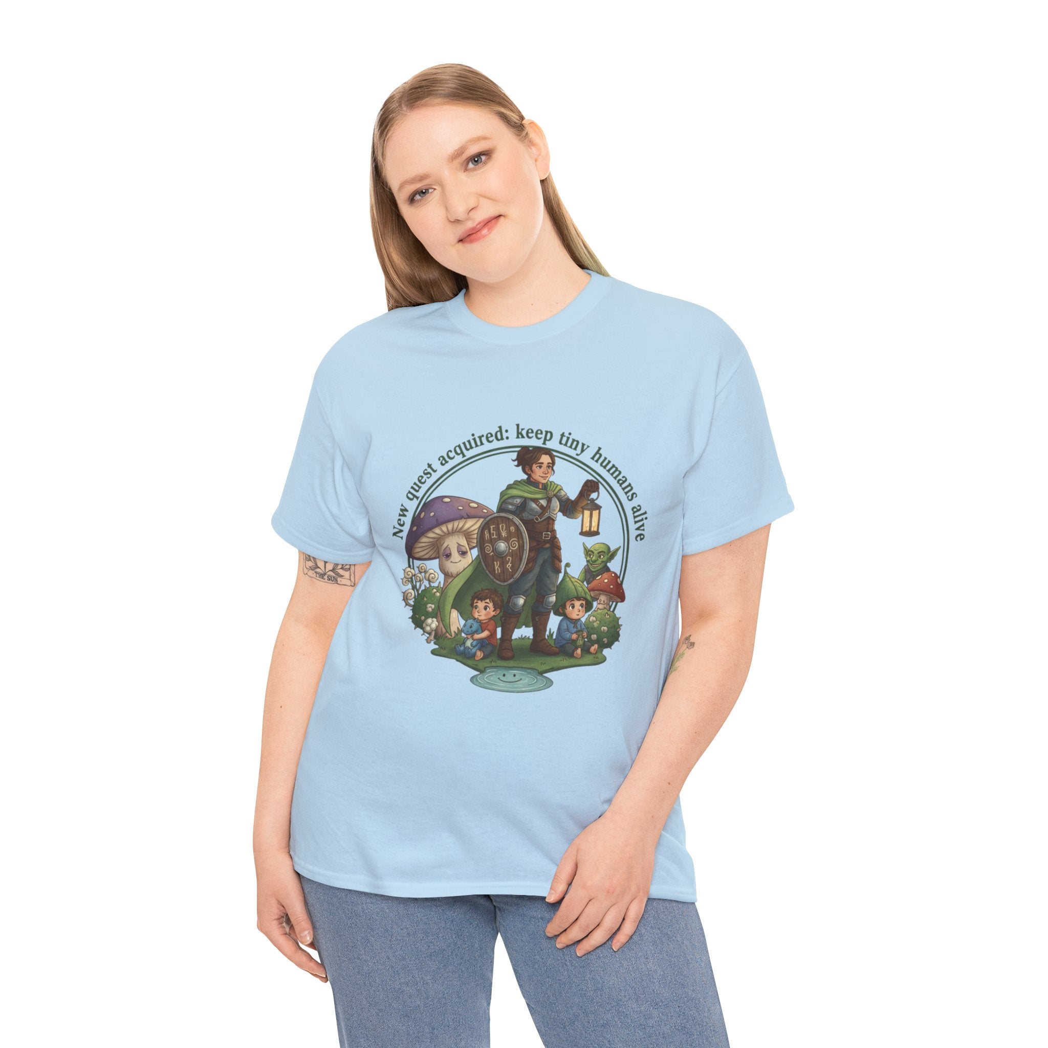 Mom T‑Shirt — "New Quest Acquired: Keep Tiny Humans Safe" (Mom with 2 Kids Fantasy Design)