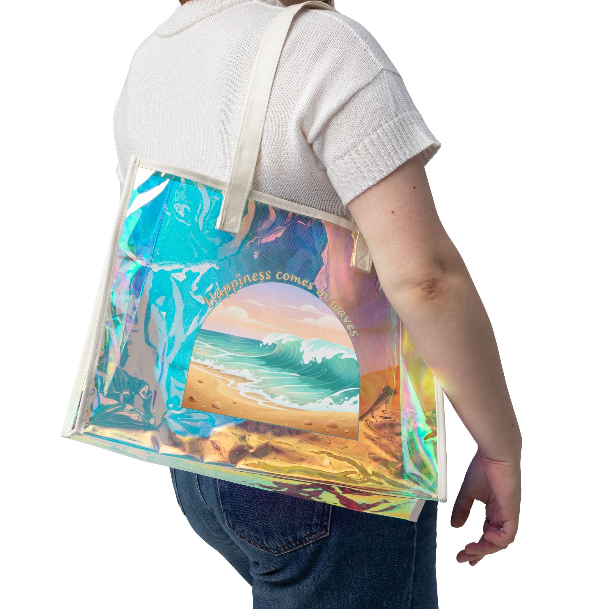Holographic Beach Tote Bag — “Happiness Rises in Waves” Clear Beach Bag