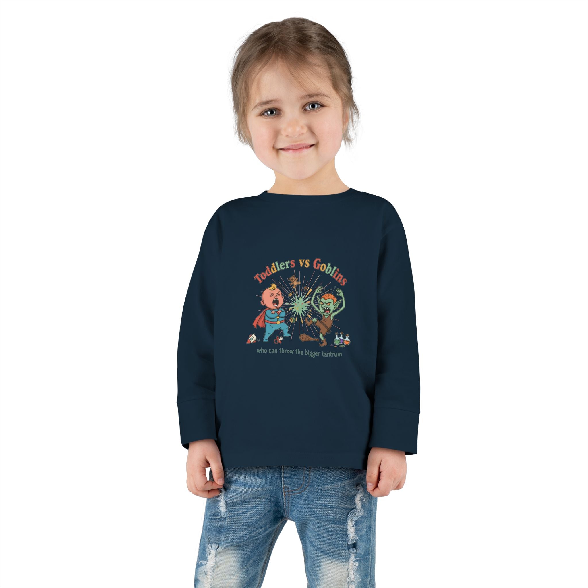 Toddlers vs Goblins Toddler Long Sleeve Tee — "Who Can Throw the Bigger Tantrums"
