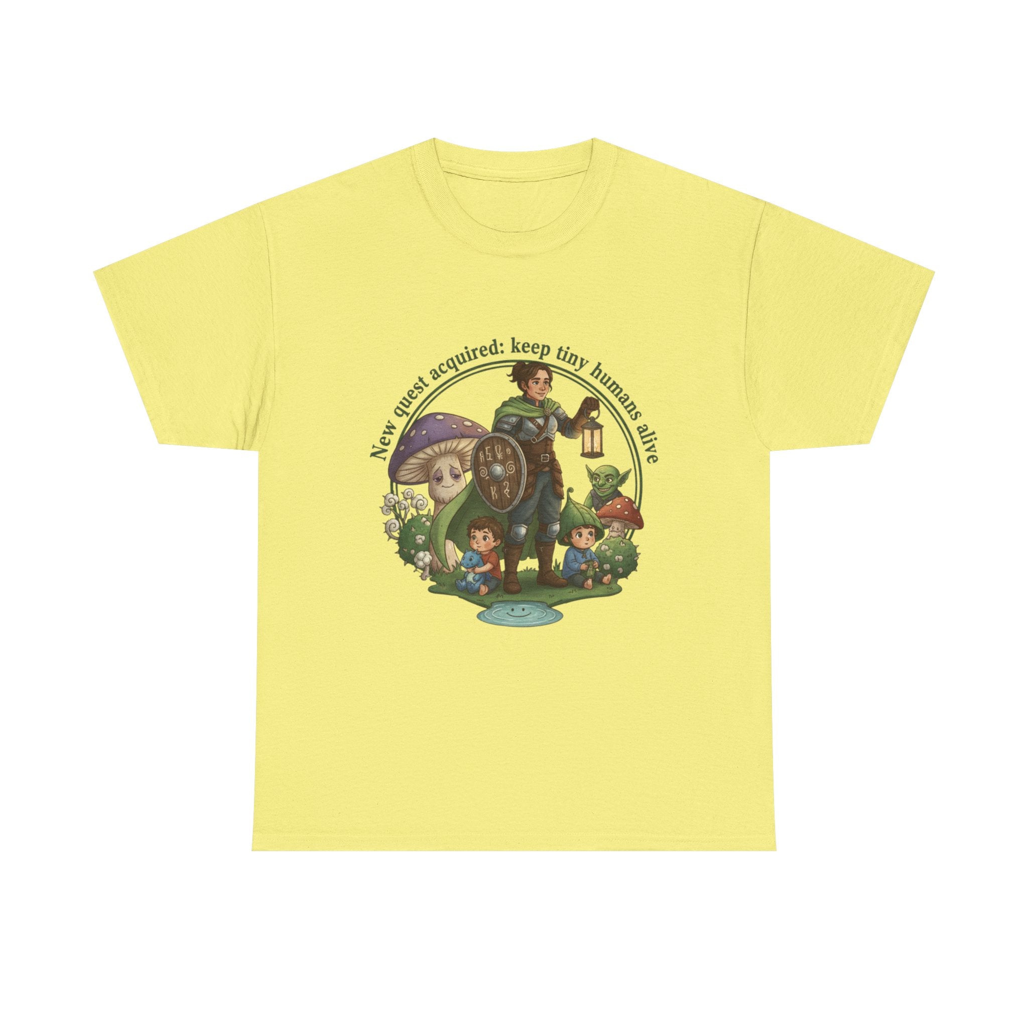 Mom T‑Shirt — "New Quest Acquired: Keep Tiny Humans Safe" (Mom with 2 Kids Fantasy Design)