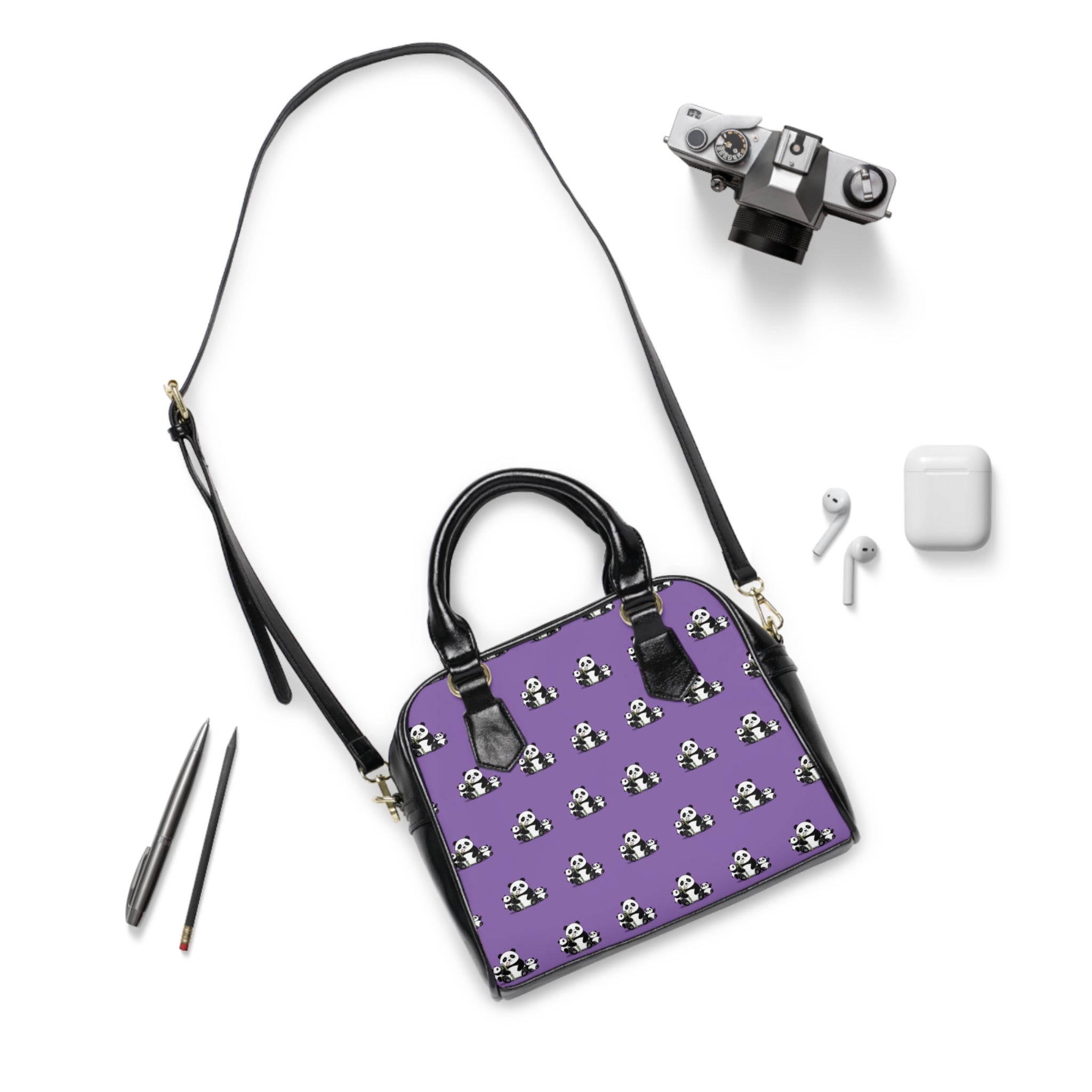 Purple Panda Pattern Shoulder Handbag