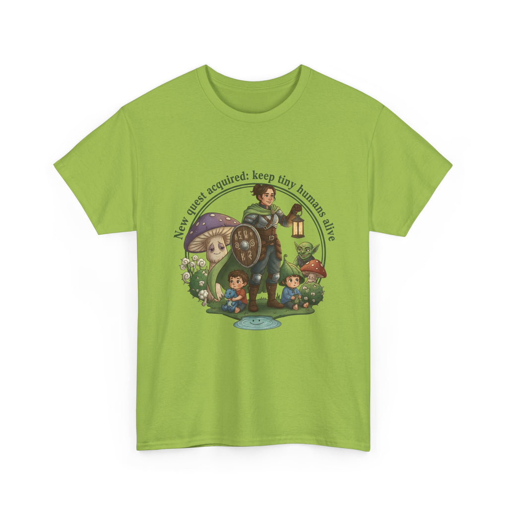 Mom T‑Shirt — "New Quest Acquired: Keep Tiny Humans Safe" (Mom with 2 Kids Fantasy Design)