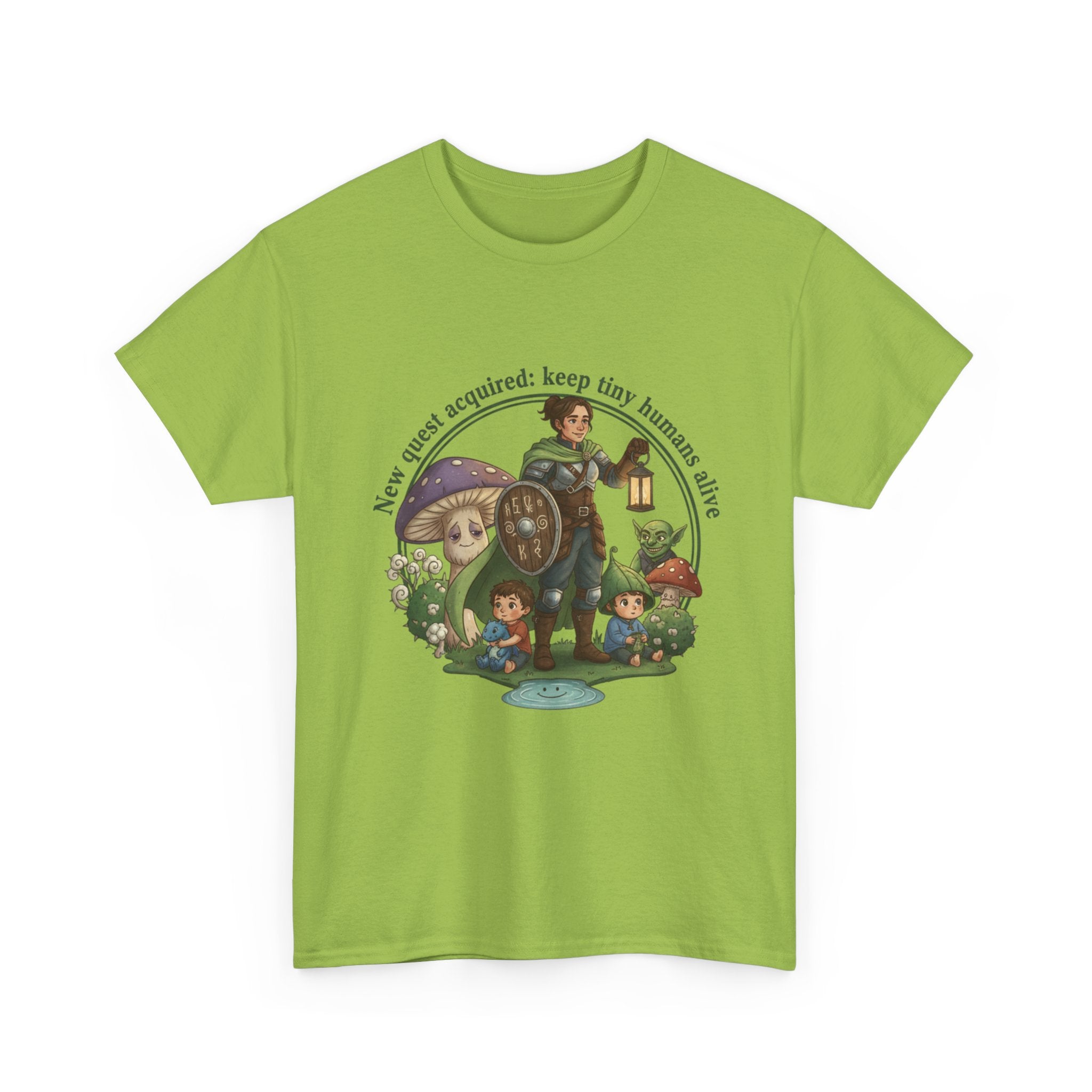 Mom T‑Shirt — "New Quest Acquired: Keep Tiny Humans Safe" (Mom with 2 Kids Fantasy Design)