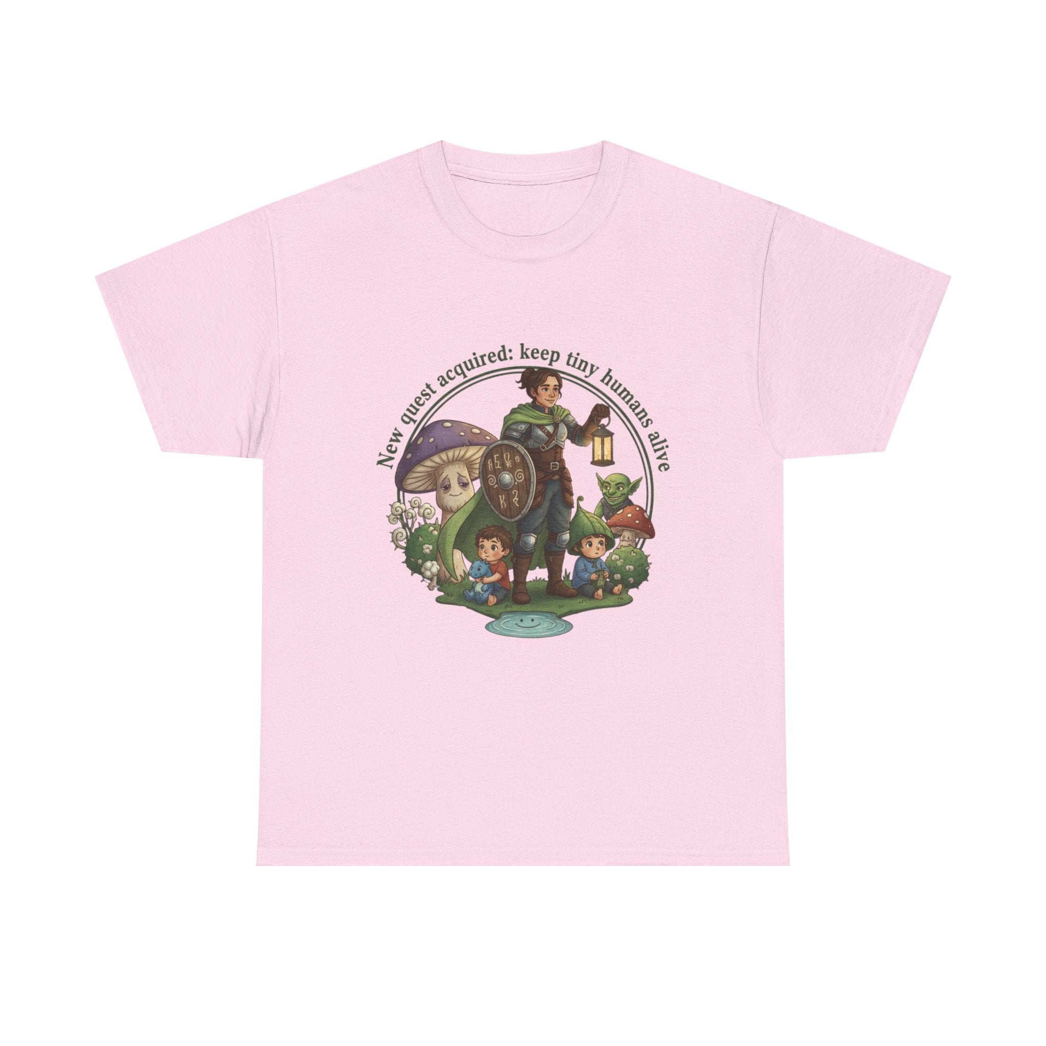 Mom T‑Shirt — "New Quest Acquired: Keep Tiny Humans Safe" (Mom with 2 Kids Fantasy Design)