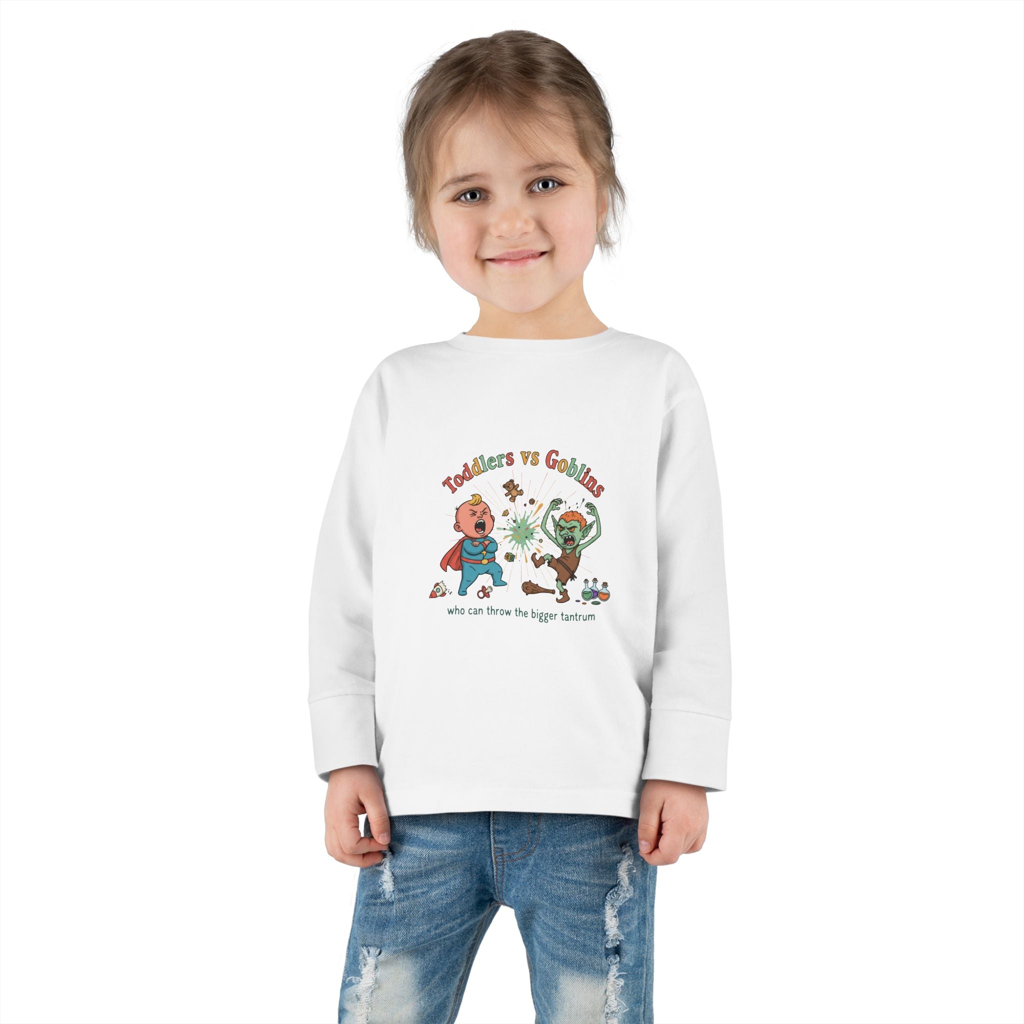 Toddlers vs Goblins Toddler Long Sleeve Tee — "Who Can Throw the Bigger Tantrums"