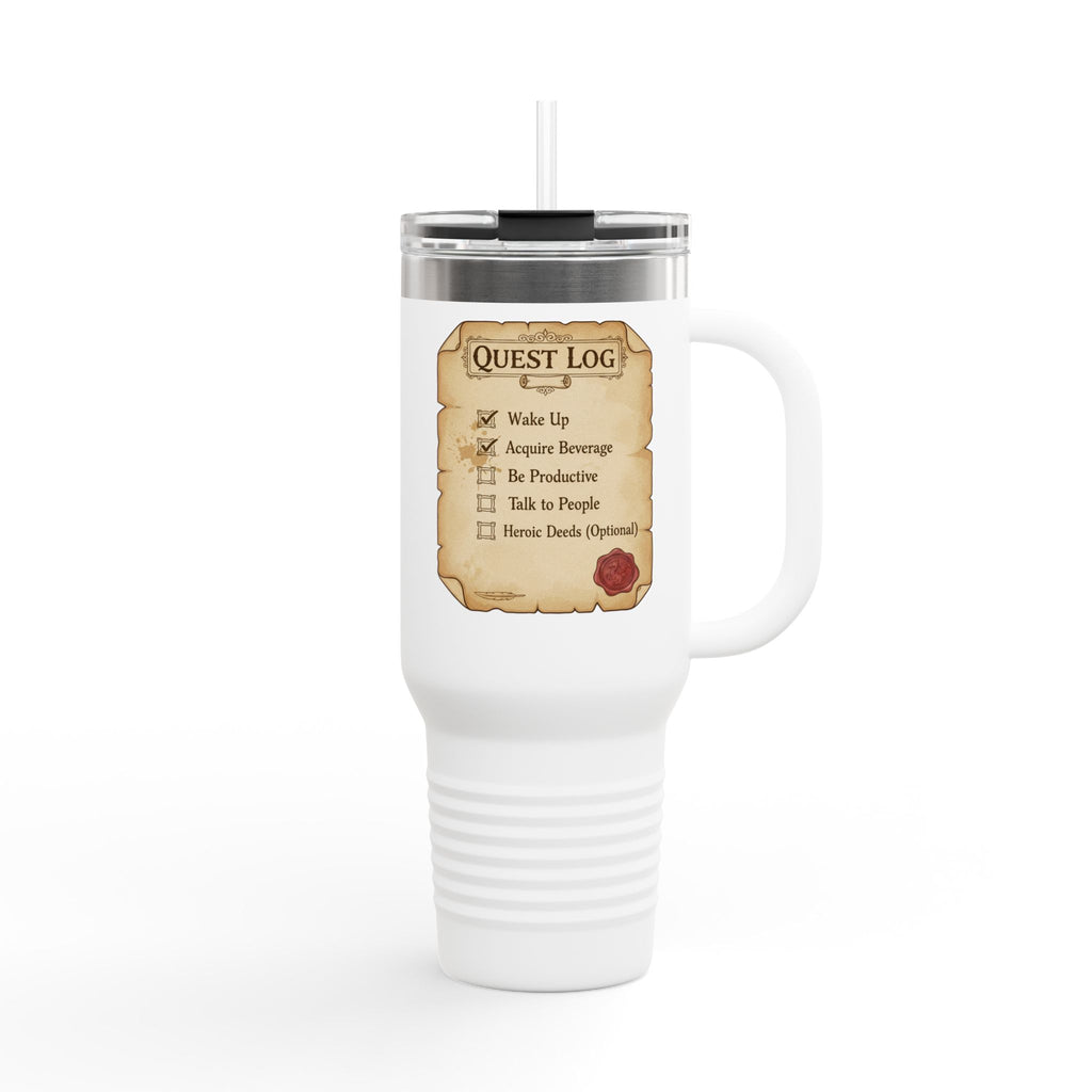 40oz Insulated Travel Mug — Quest Log Checklist "Wake Up • Acquire Beverage"