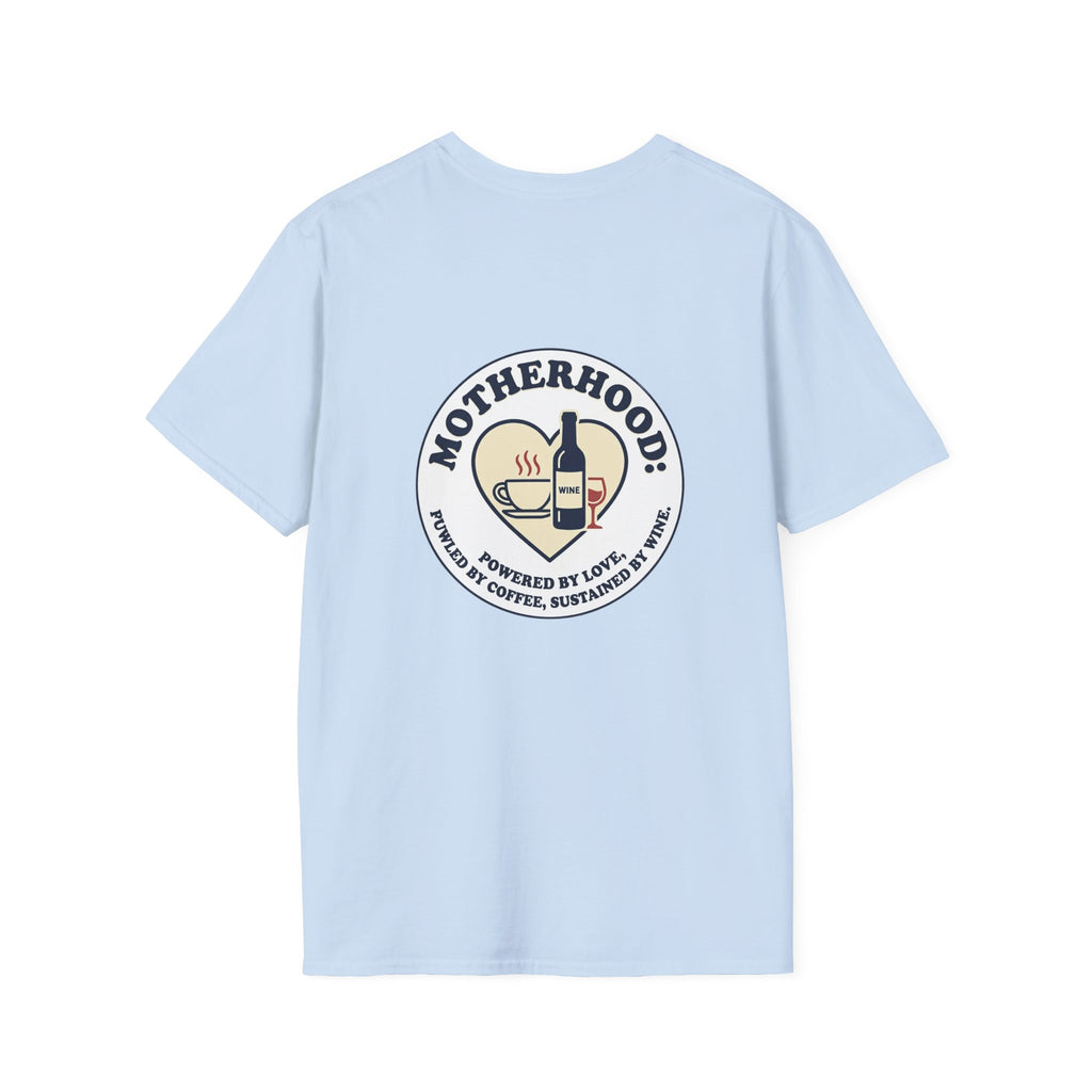 Motherhood Badge T-Shirt — "Motherhood: Fueled by Love, Coffee & Wine" Graphic Tee
