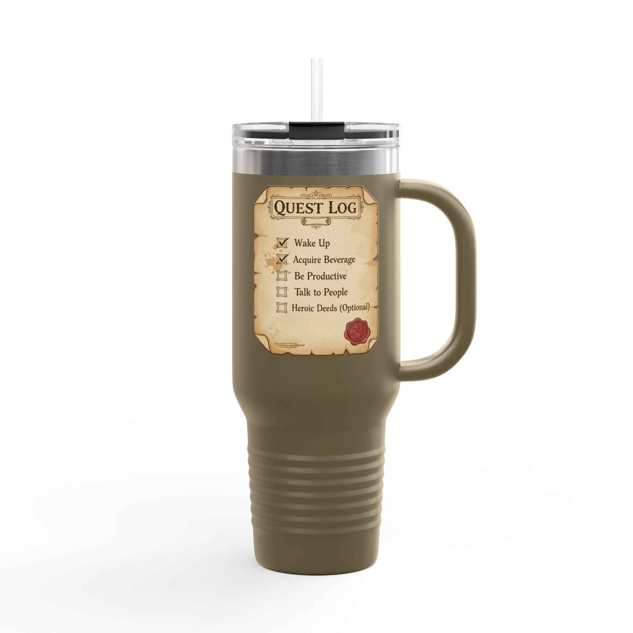 40oz Insulated Travel Mug — Quest Log Checklist "Wake Up • Acquire Beverage"