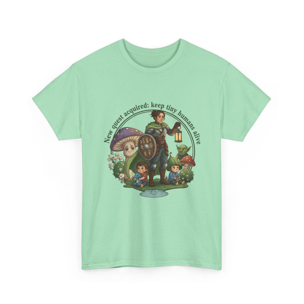 Mom T‑Shirt — "New Quest Acquired: Keep Tiny Humans Safe" (Mom with 2 Kids Fantasy Design)
