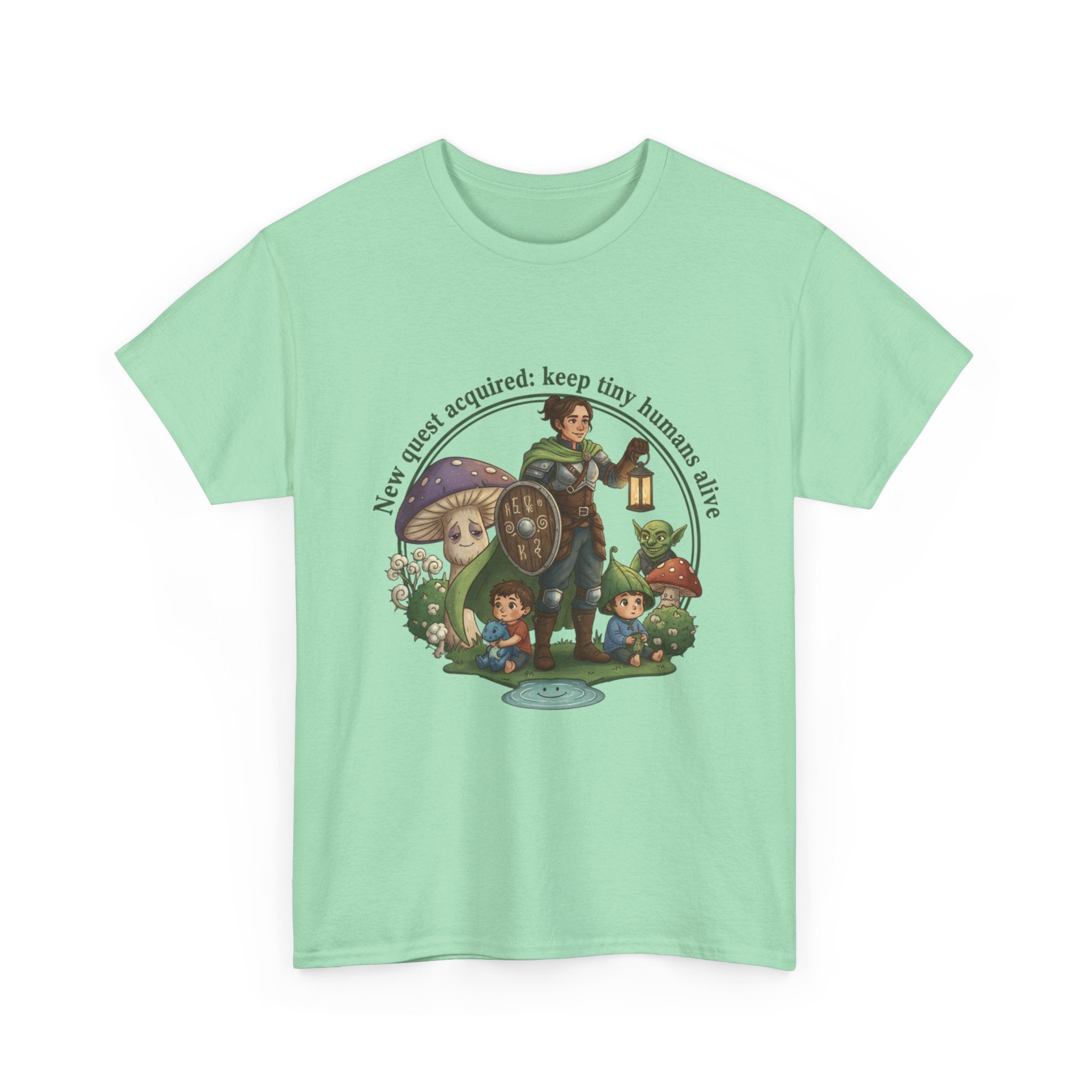 Mom T‑Shirt — "New Quest Acquired: Keep Tiny Humans Safe" (Mom with 2 Kids Fantasy Design)