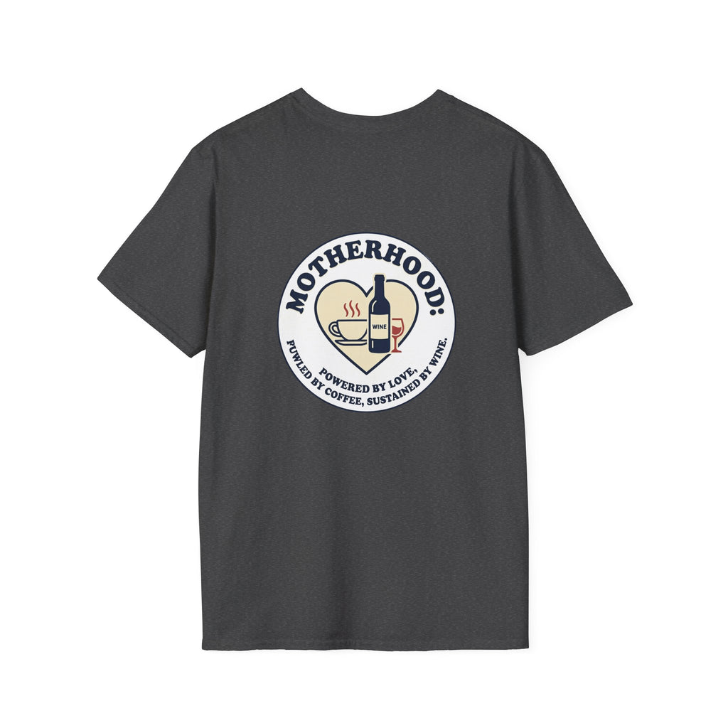 Motherhood Badge T-Shirt — "Motherhood: Fueled by Love, Coffee & Wine" Graphic Tee