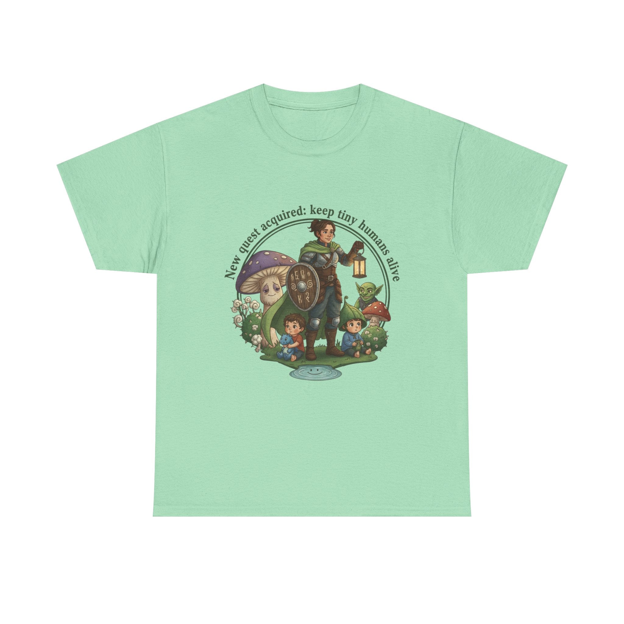 Mom T‑Shirt — "New Quest Acquired: Keep Tiny Humans Safe" (Mom with 2 Kids Fantasy Design)