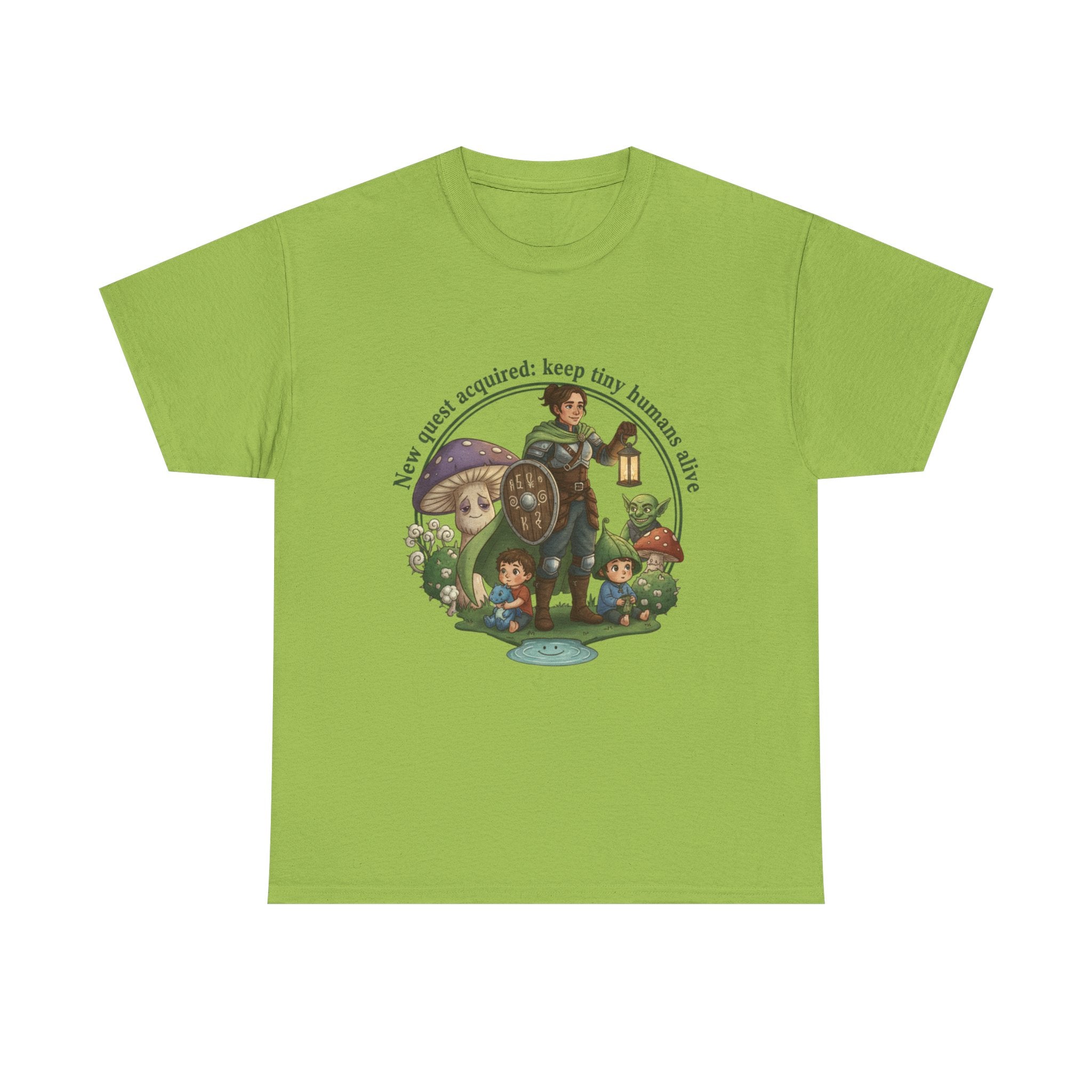 Mom T‑Shirt — "New Quest Acquired: Keep Tiny Humans Safe" (Mom with 2 Kids Fantasy Design)