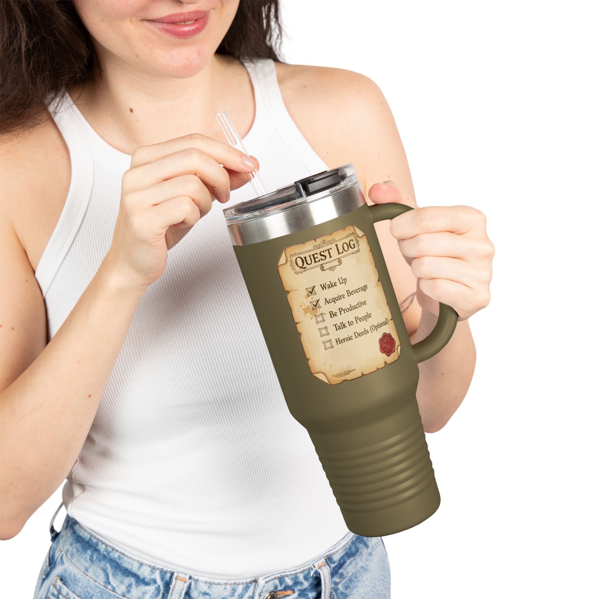 40oz Insulated Travel Mug — Quest Log Checklist "Wake Up • Acquire Beverage"