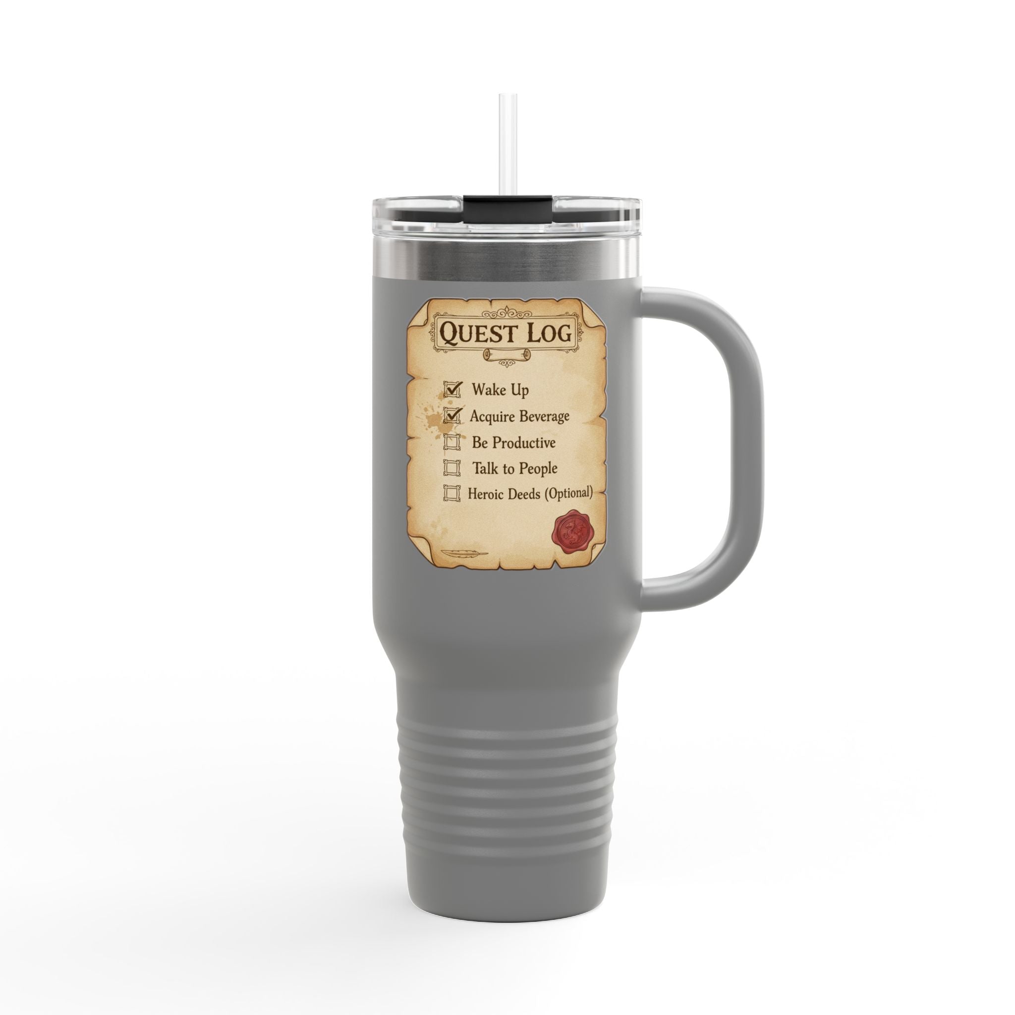40oz Insulated Travel Mug — Quest Log Checklist "Wake Up • Acquire Beverage"