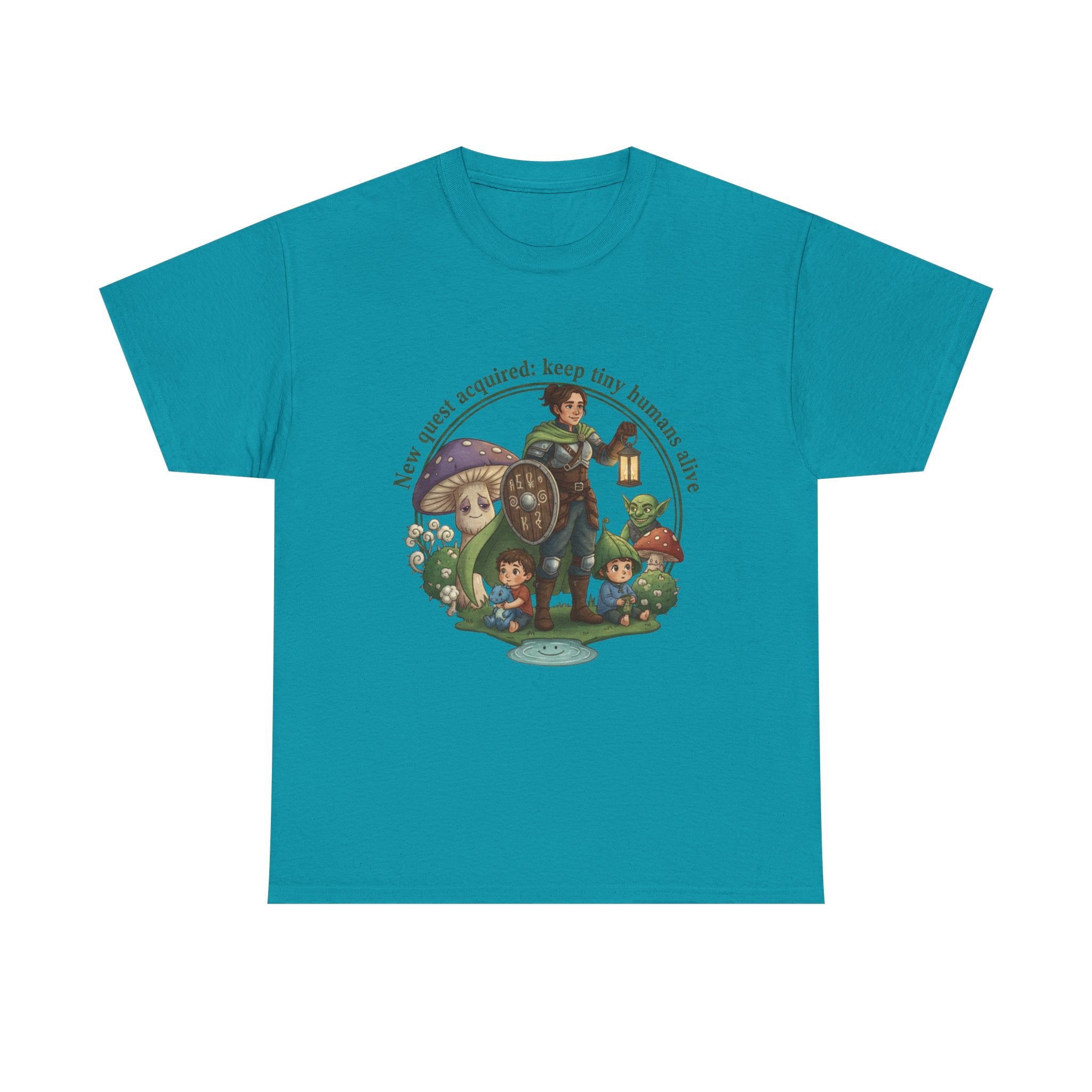Mom T‑Shirt — "New Quest Acquired: Keep Tiny Humans Safe" (Mom with 2 Kids Fantasy Design)