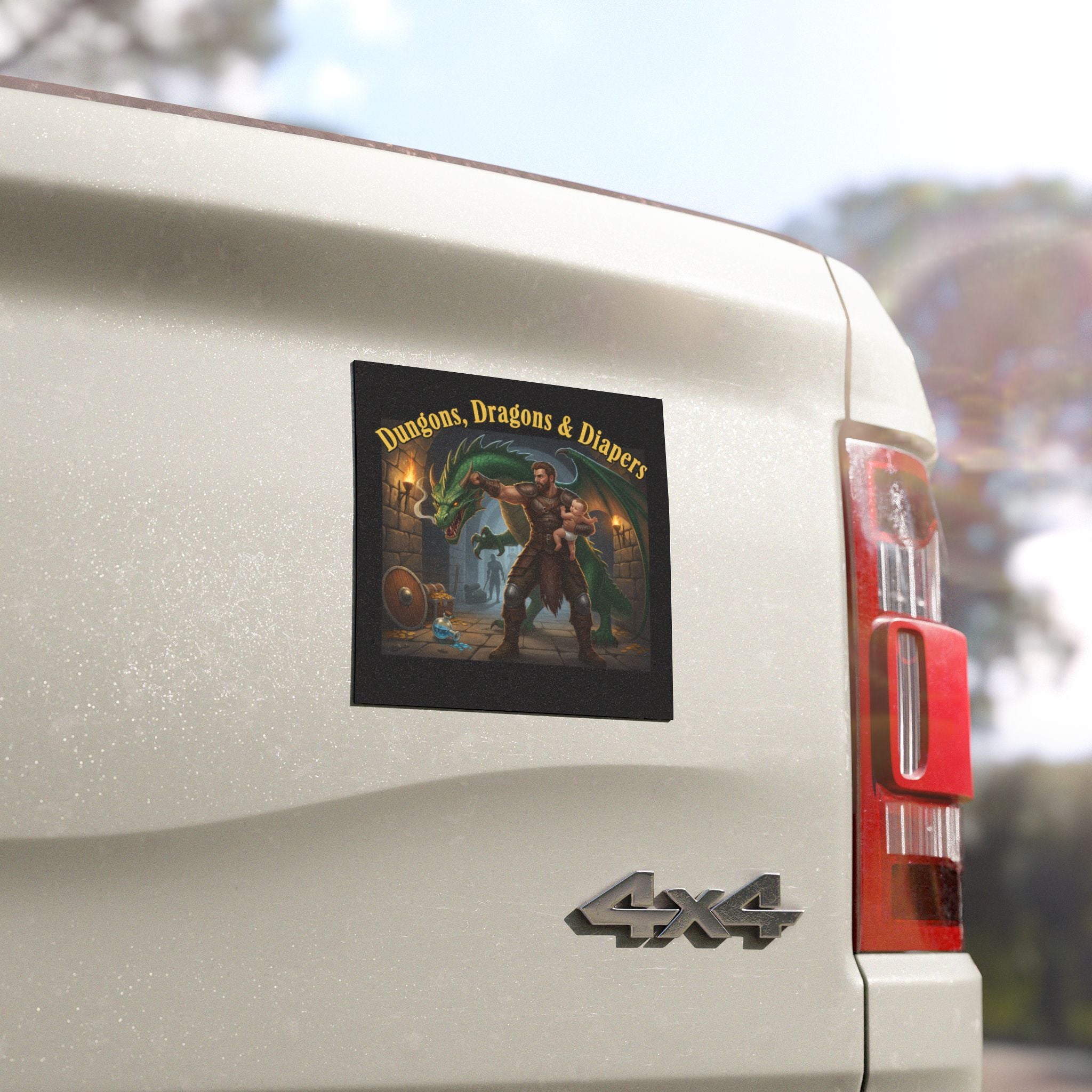 Dungeons, Dragons & Diapers Car Magnet — Funny D&D Dad Family Vehicle Decal