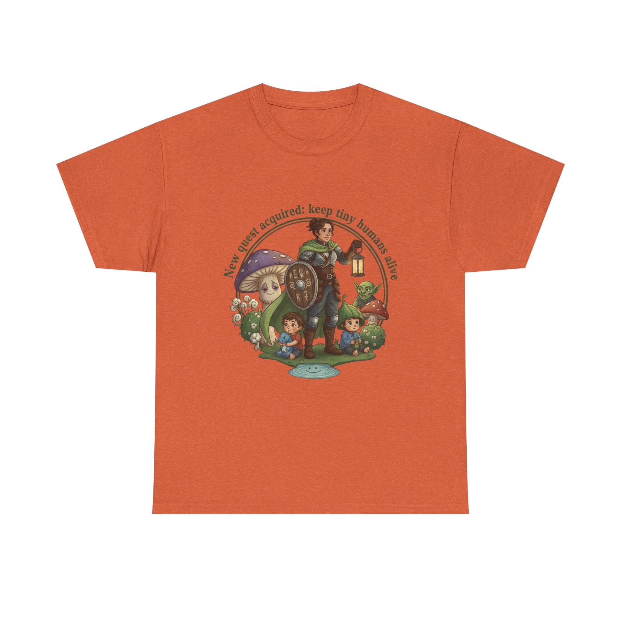 Mom T‑Shirt — "New Quest Acquired: Keep Tiny Humans Safe" (Mom with 2 Kids Fantasy Design)