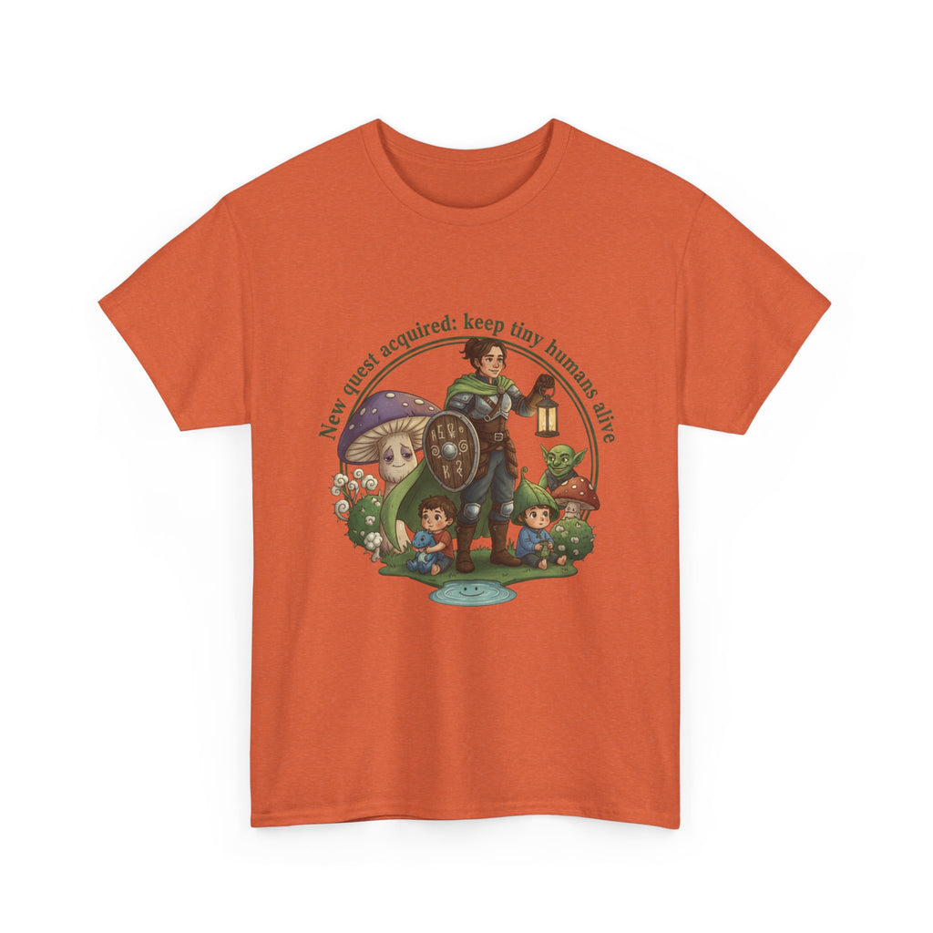 Mom T‑Shirt — "New Quest Acquired: Keep Tiny Humans Safe" (Mom with 2 Kids Fantasy Design)