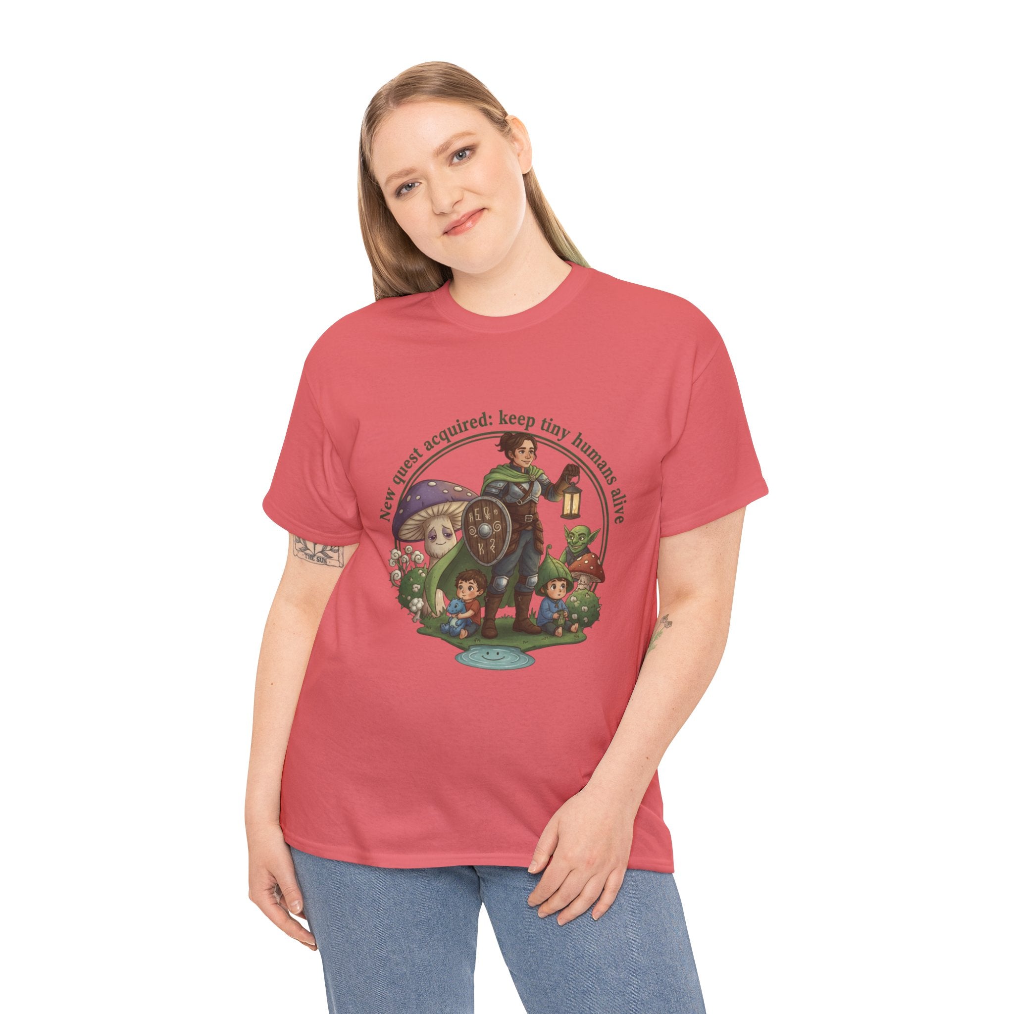 Mom T‑Shirt — "New Quest Acquired: Keep Tiny Humans Safe" (Mom with 2 Kids Fantasy Design)