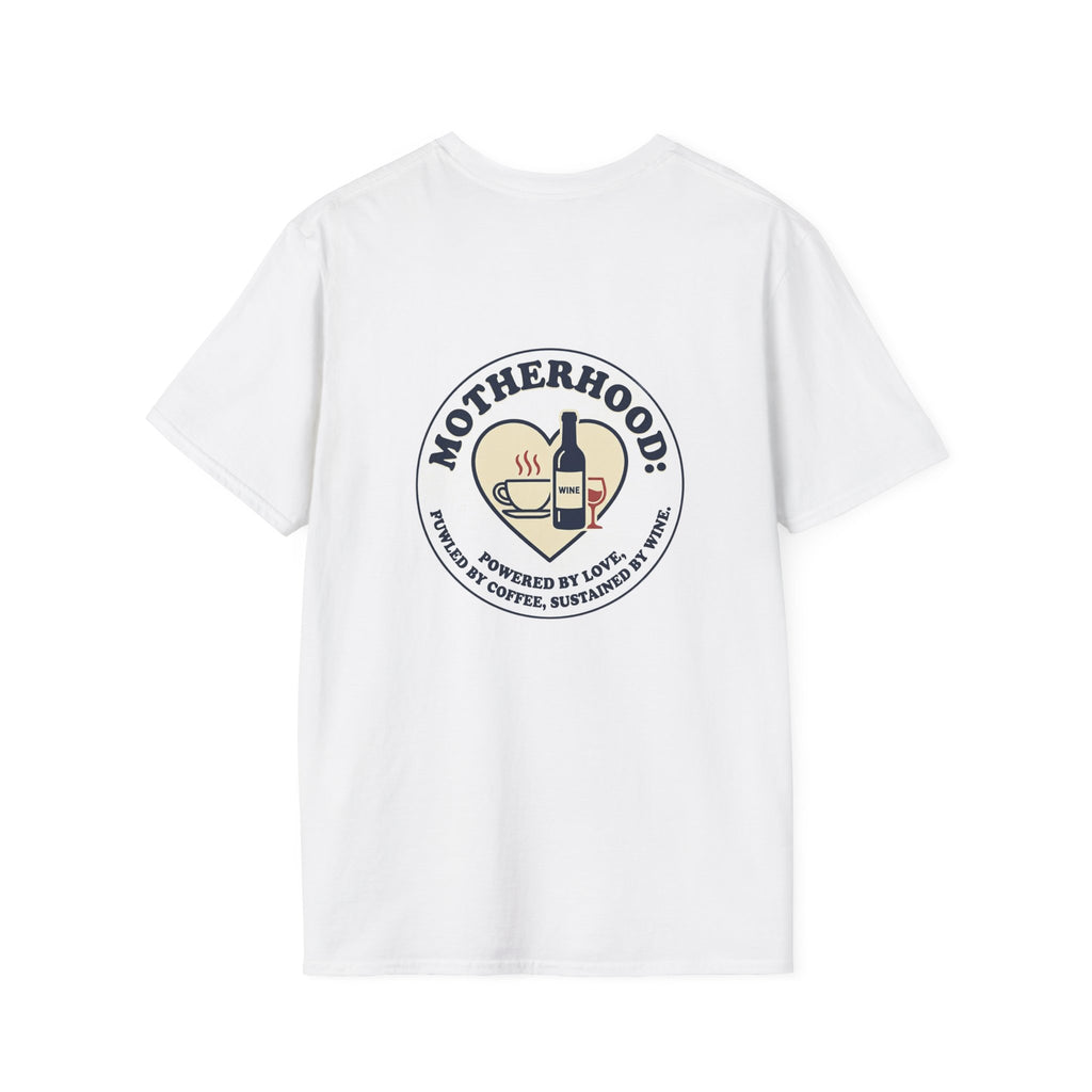 Motherhood Badge T-Shirt — "Motherhood: Fueled by Love, Coffee & Wine" Graphic Tee