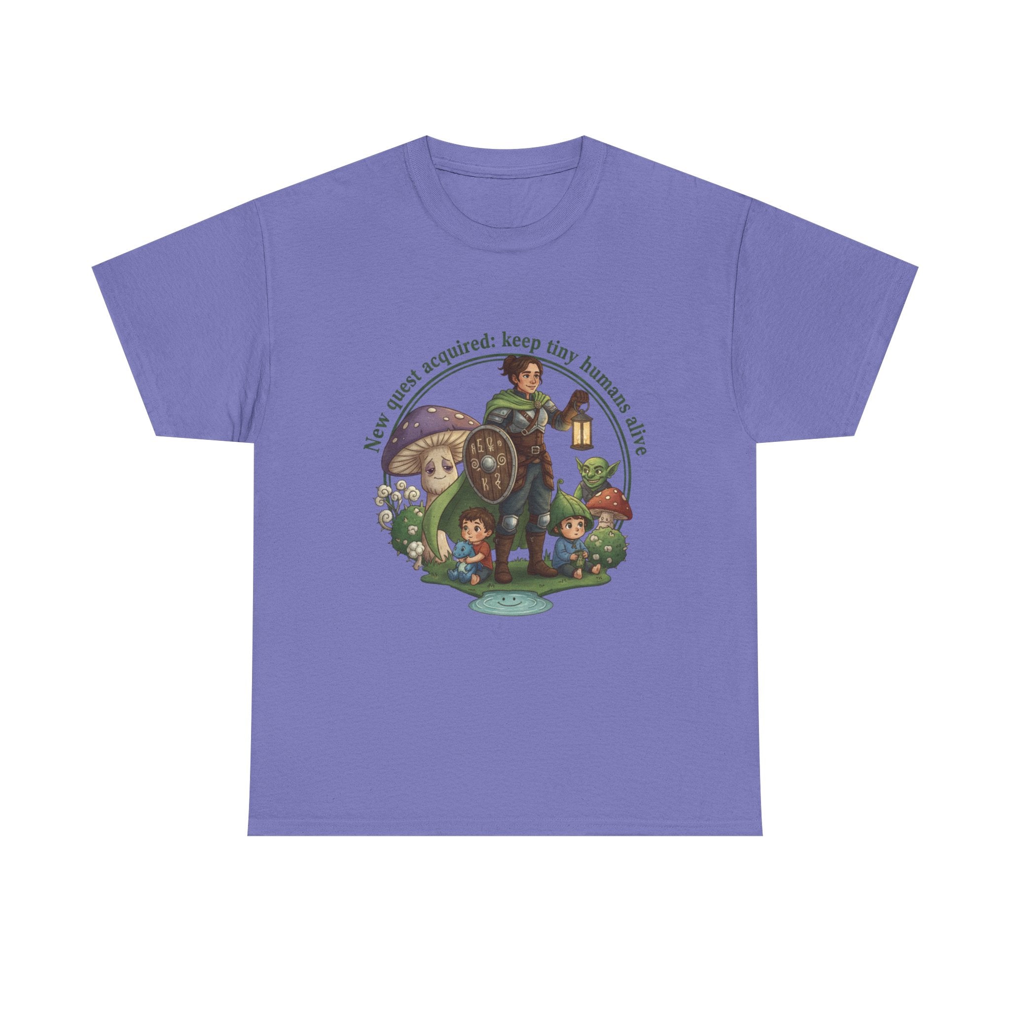 Mom T‑Shirt — "New Quest Acquired: Keep Tiny Humans Safe" (Mom with 2 Kids Fantasy Design)
