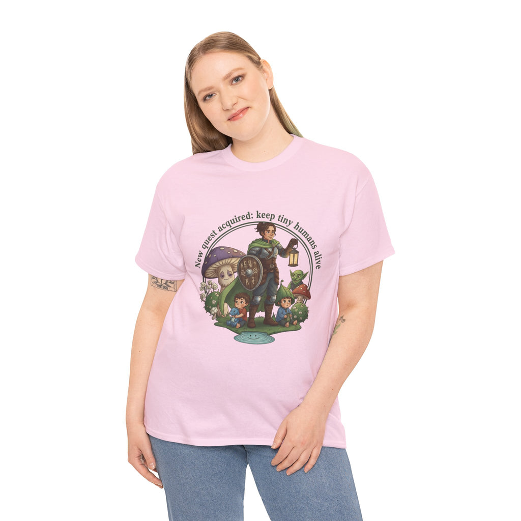 Mom T‑Shirt — "New Quest Acquired: Keep Tiny Humans Safe" (Mom with 2 Kids Fantasy Design)