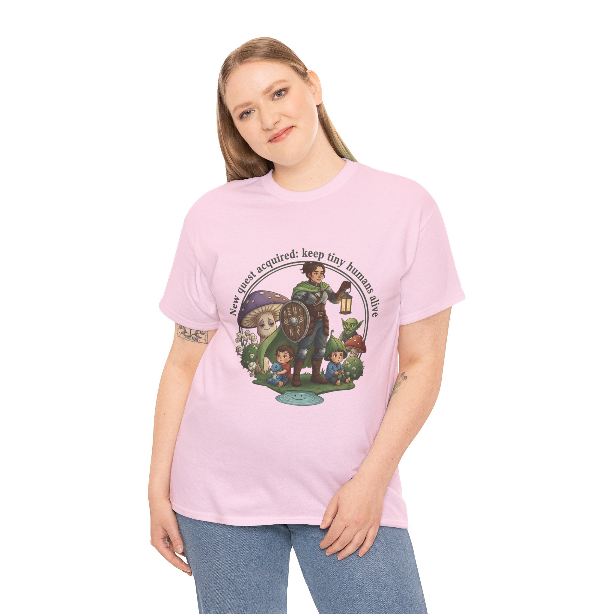 Mom T‑Shirt — "New Quest Acquired: Keep Tiny Humans Safe" (Mom with 2 Kids Fantasy Design)