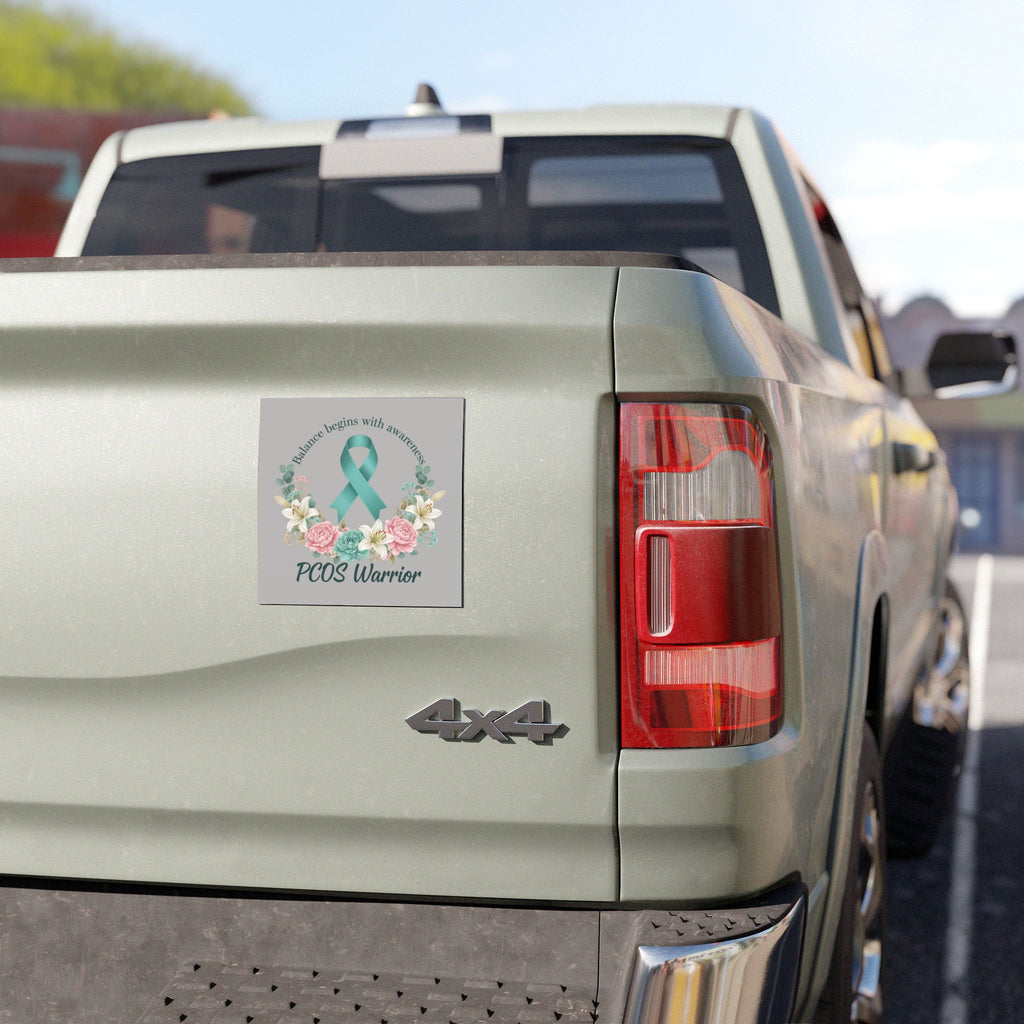 PCOS Warrior Teal Ribbon Car Magnet — "Balance Begins With Awareness" Floral Awareness Magnet