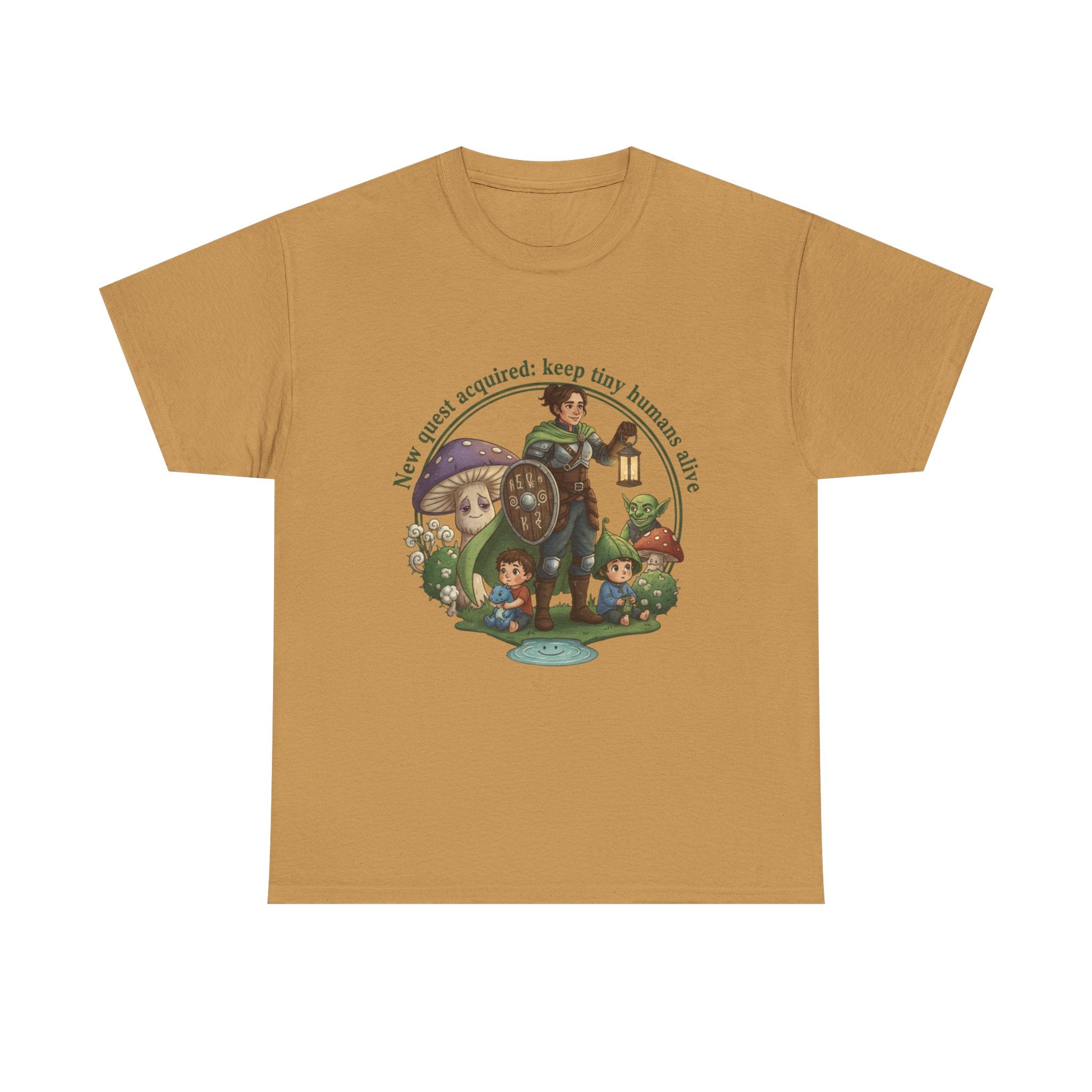 Mom T‑Shirt — "New Quest Acquired: Keep Tiny Humans Safe" (Mom with 2 Kids Fantasy Design)