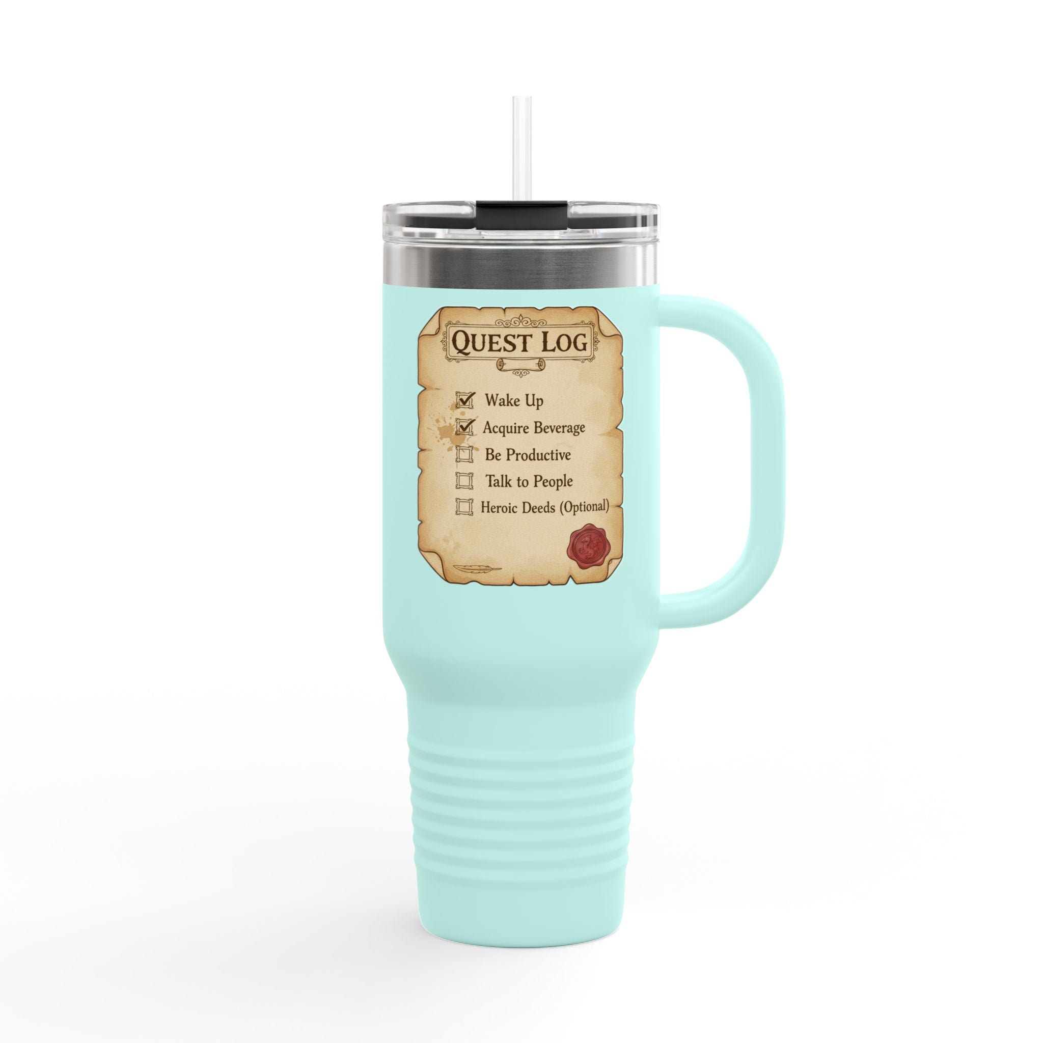 40oz Insulated Travel Mug — Quest Log Checklist "Wake Up • Acquire Beverage"