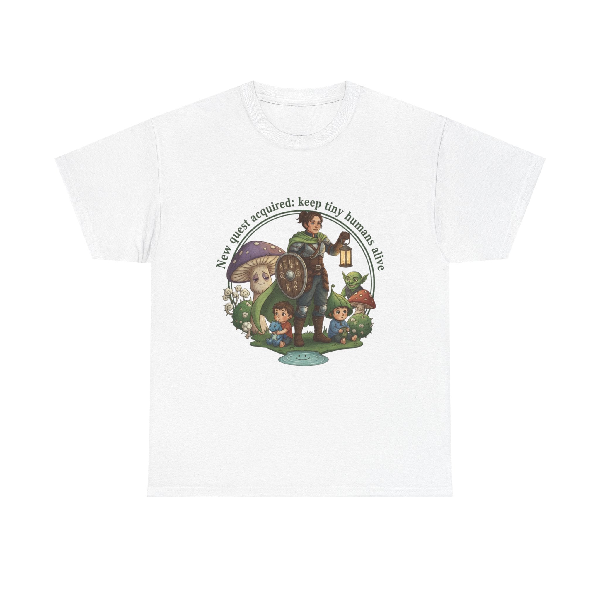 Mom T‑Shirt — "New Quest Acquired: Keep Tiny Humans Safe" (Mom with 2 Kids Fantasy Design)