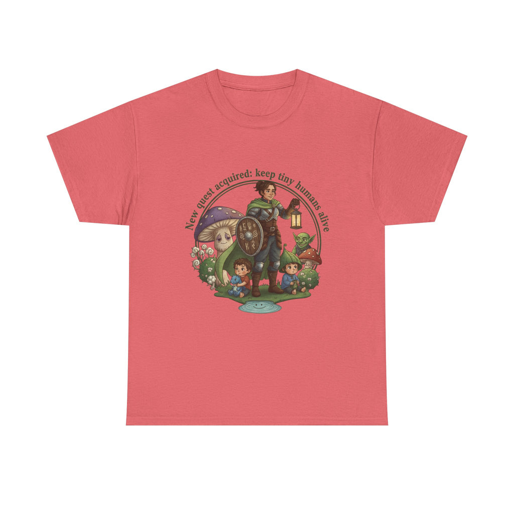 Mom T‑Shirt — "New Quest Acquired: Keep Tiny Humans Safe" (Mom with 2 Kids Fantasy Design)