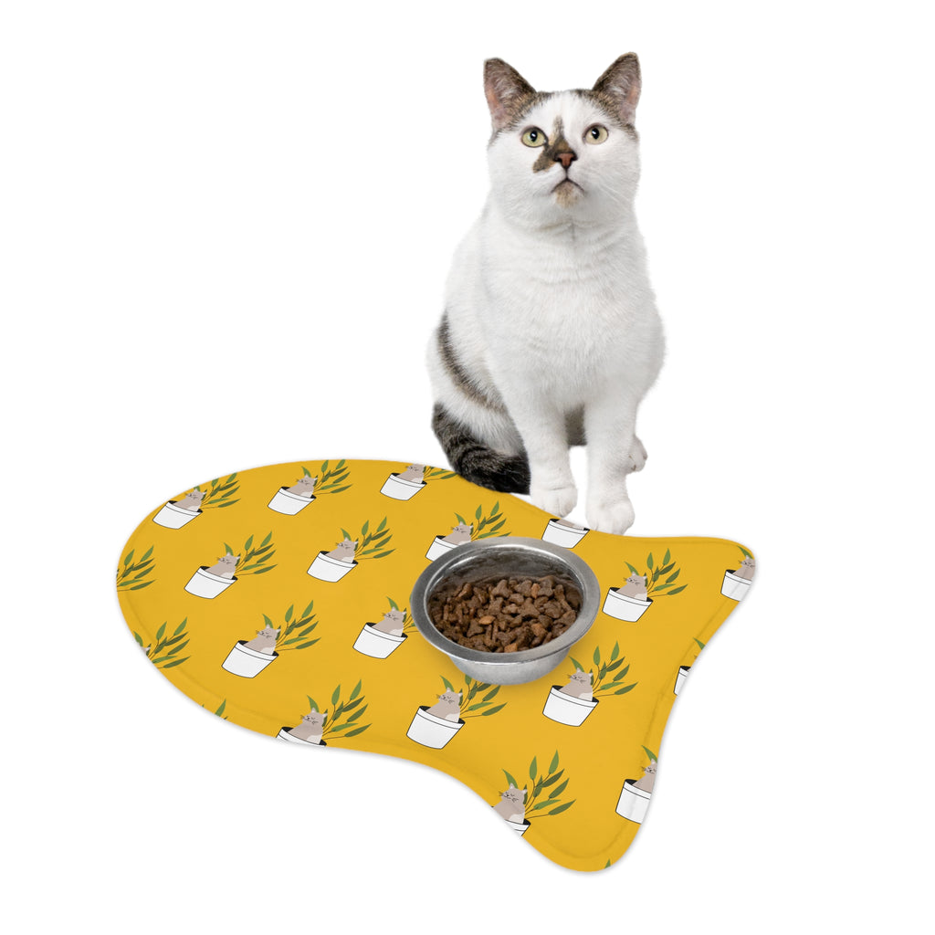 Yellow Potted Cat Pattern Pet Feeding Mat — Cute Non-Slip Bowl Placemat for Cats