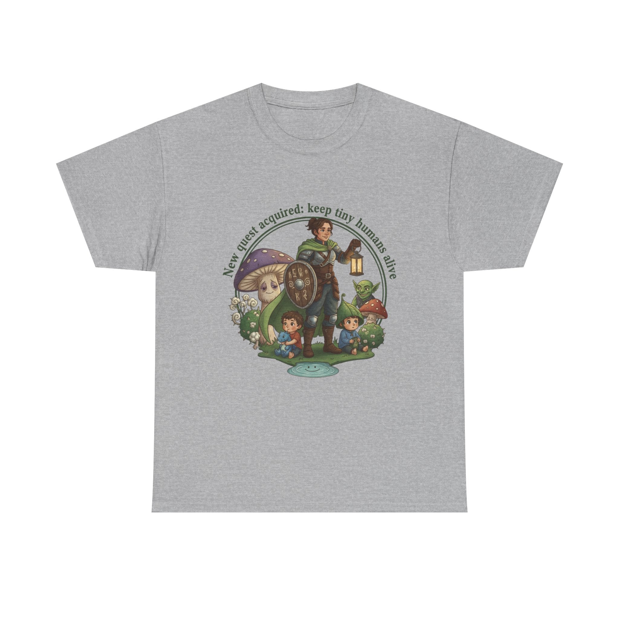 Mom T‑Shirt — "New Quest Acquired: Keep Tiny Humans Safe" (Mom with 2 Kids Fantasy Design)