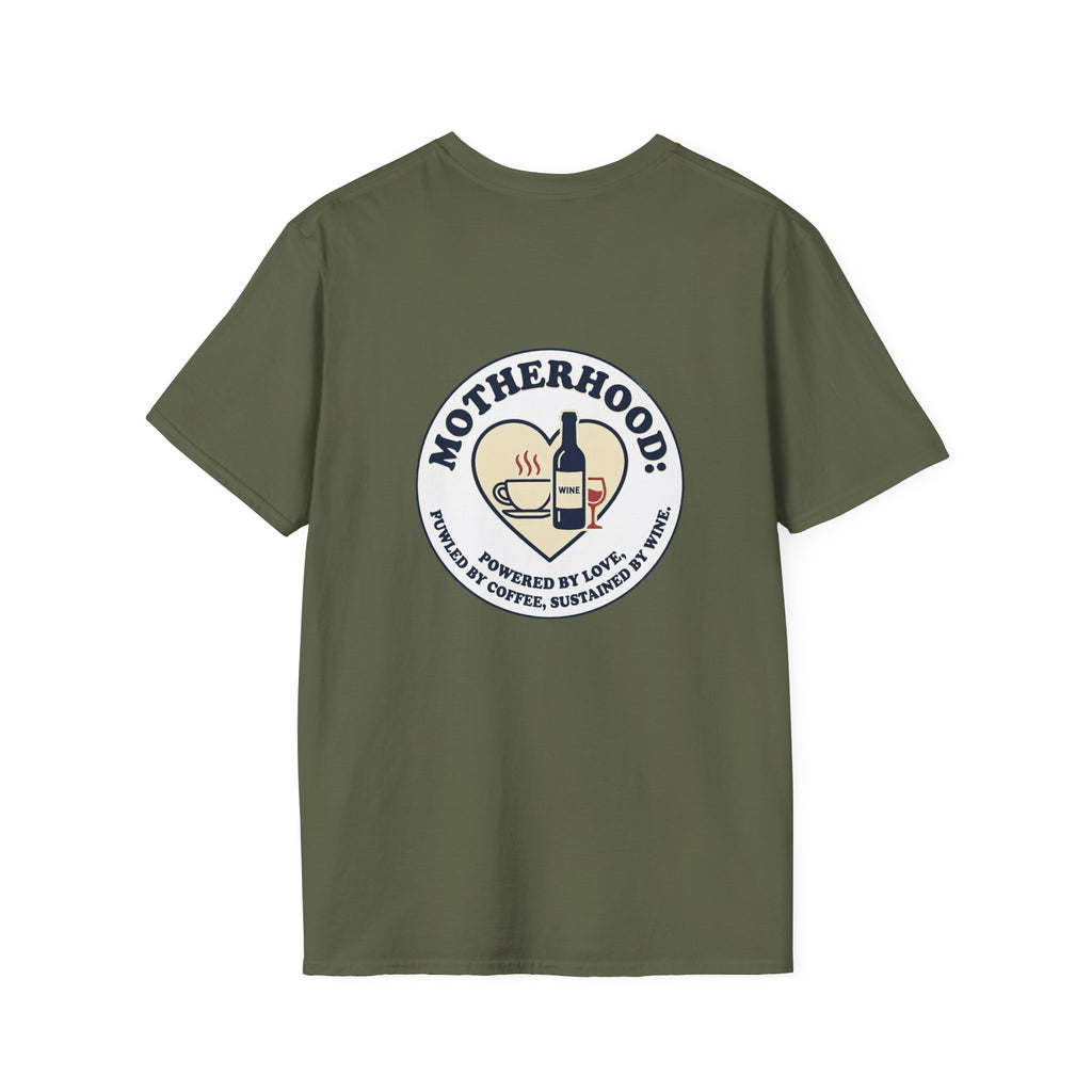 Motherhood Badge T-Shirt — "Motherhood: Fueled by Love, Coffee & Wine" Graphic Tee